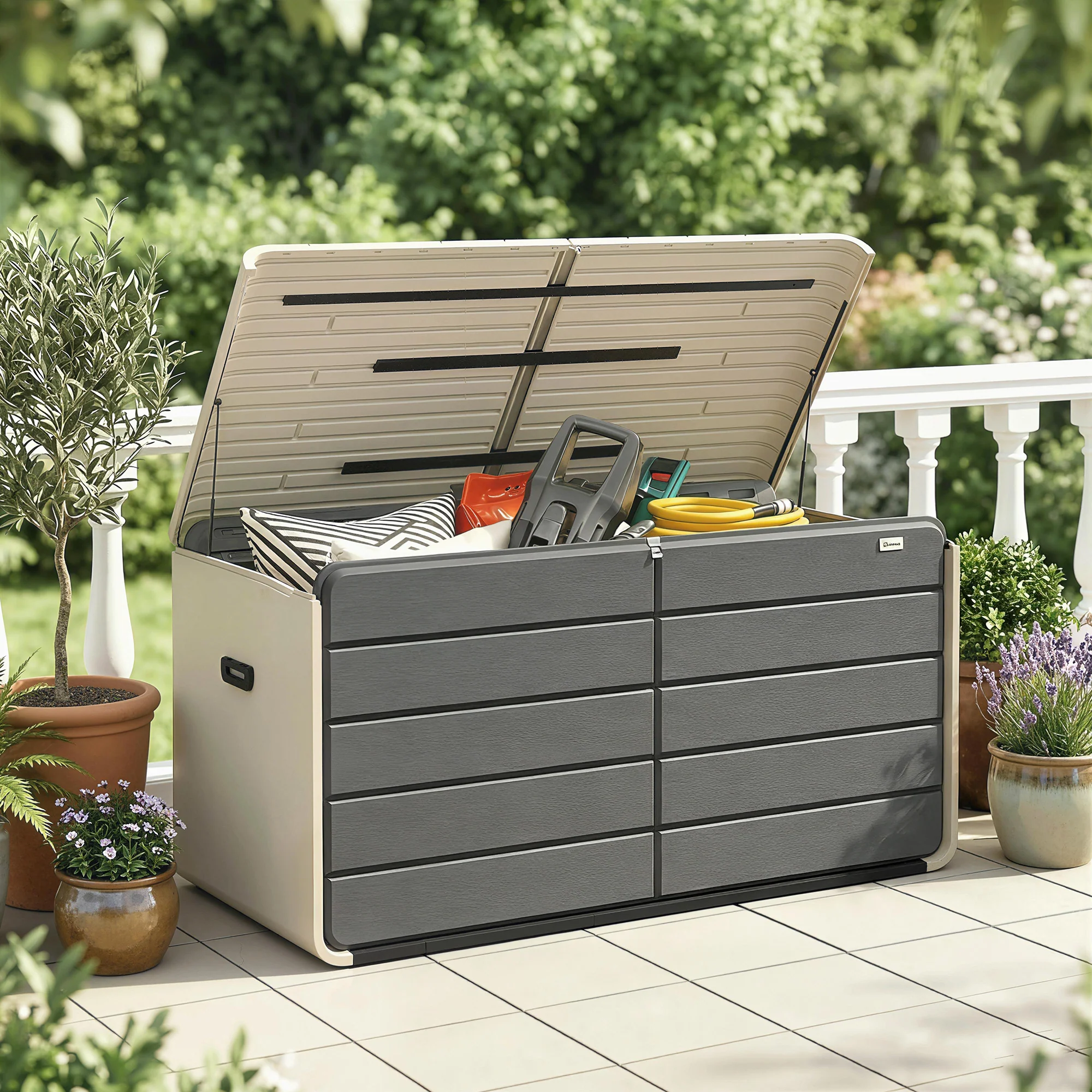 757 L Garden Storage Box with Wheels and Lockable Lid, Beige/Grey - Image 11