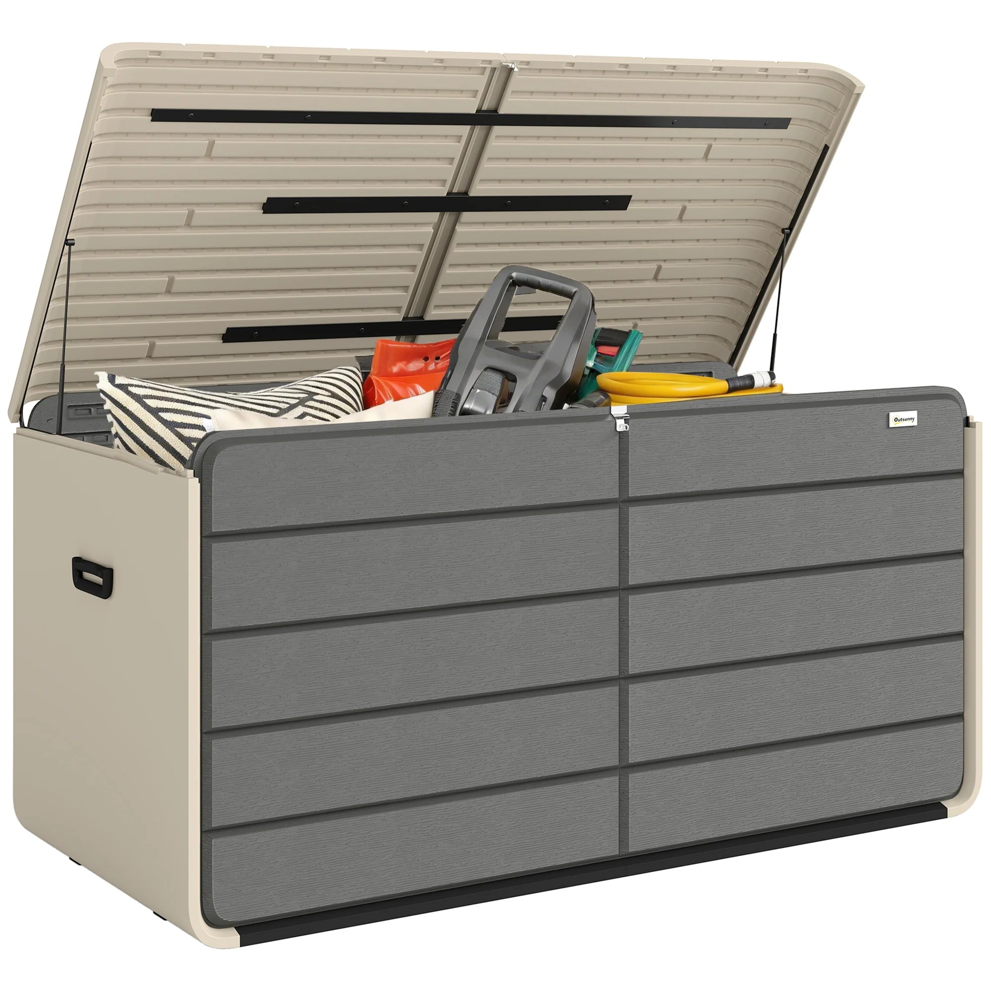 757 L Garden Storage Box with Wheels and Lockable Lid, Beige/Grey - Image 2