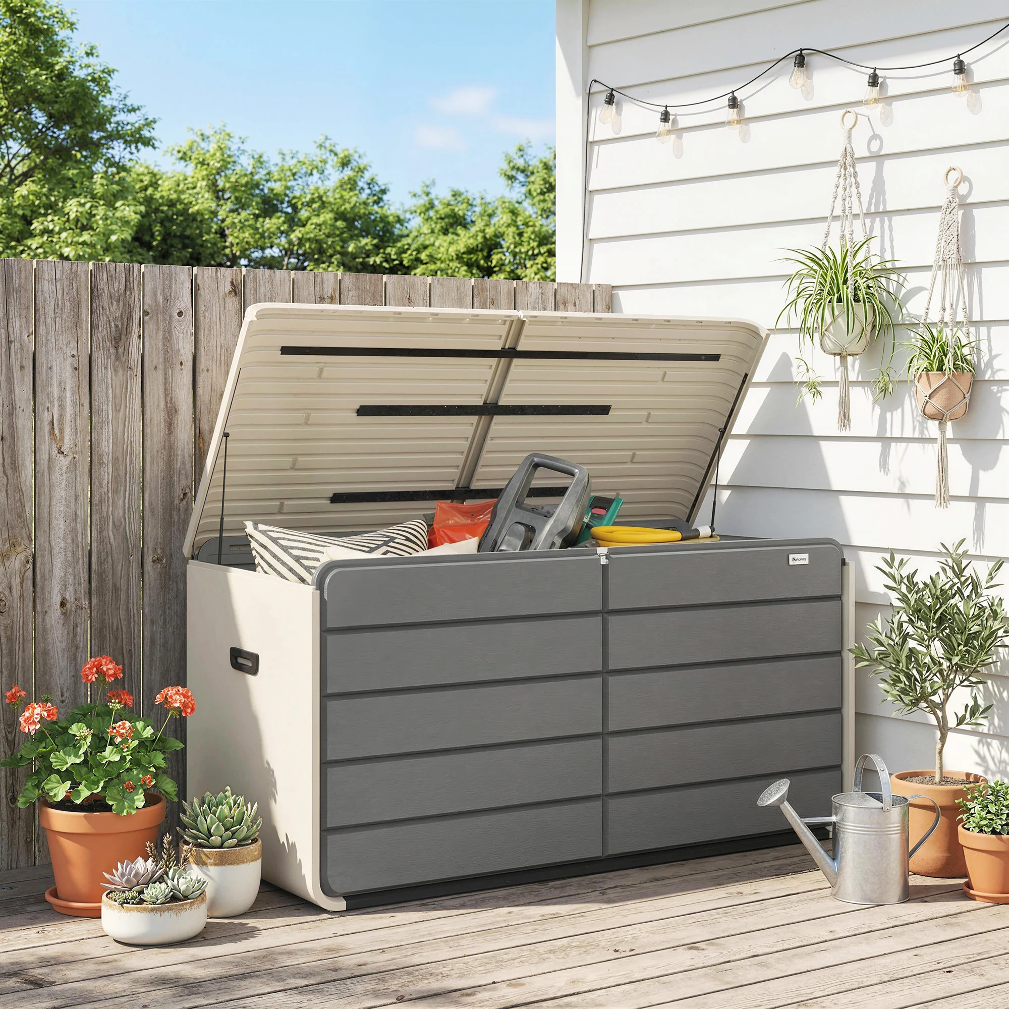 757 L Garden Storage Box with Wheels and Lockable Lid, Beige/Grey - Image 3