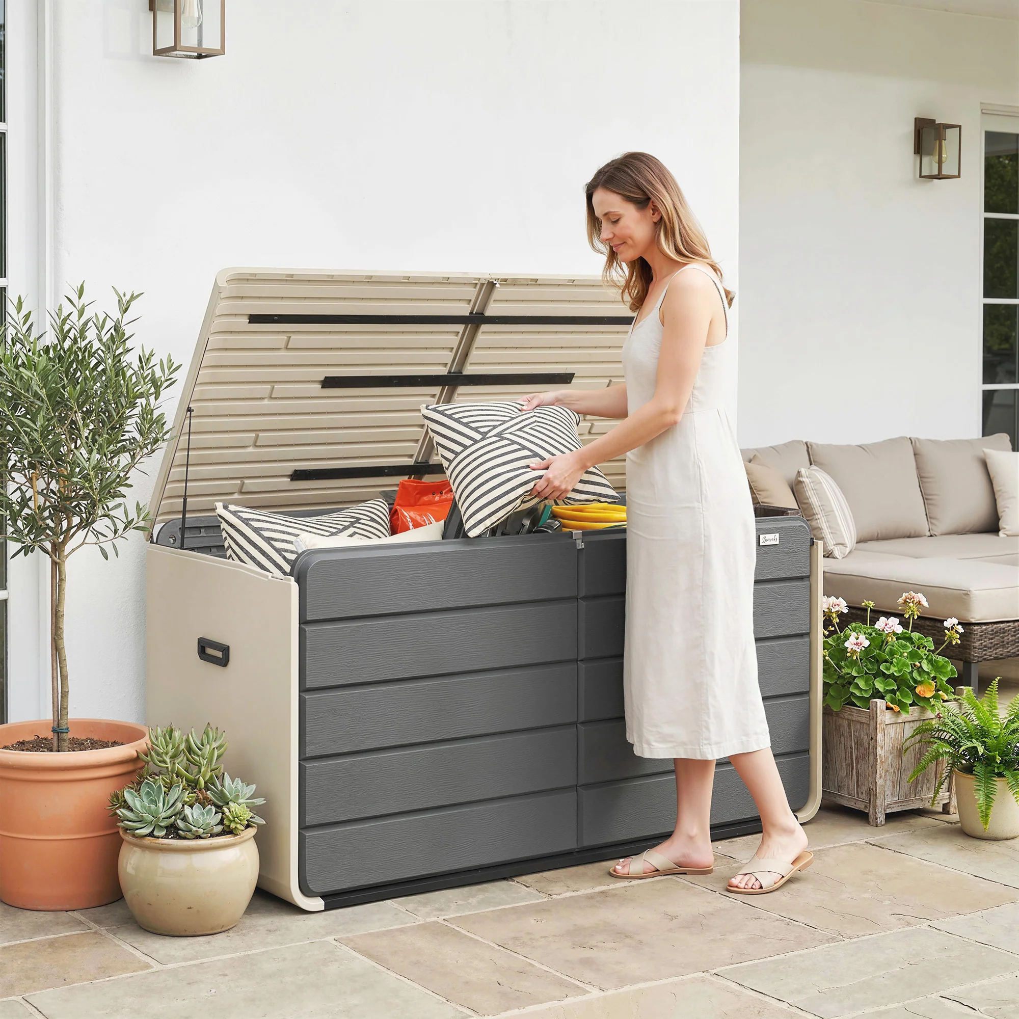 757 L Garden Storage Box with Wheels and Lockable Lid, Beige/Grey - Image 4