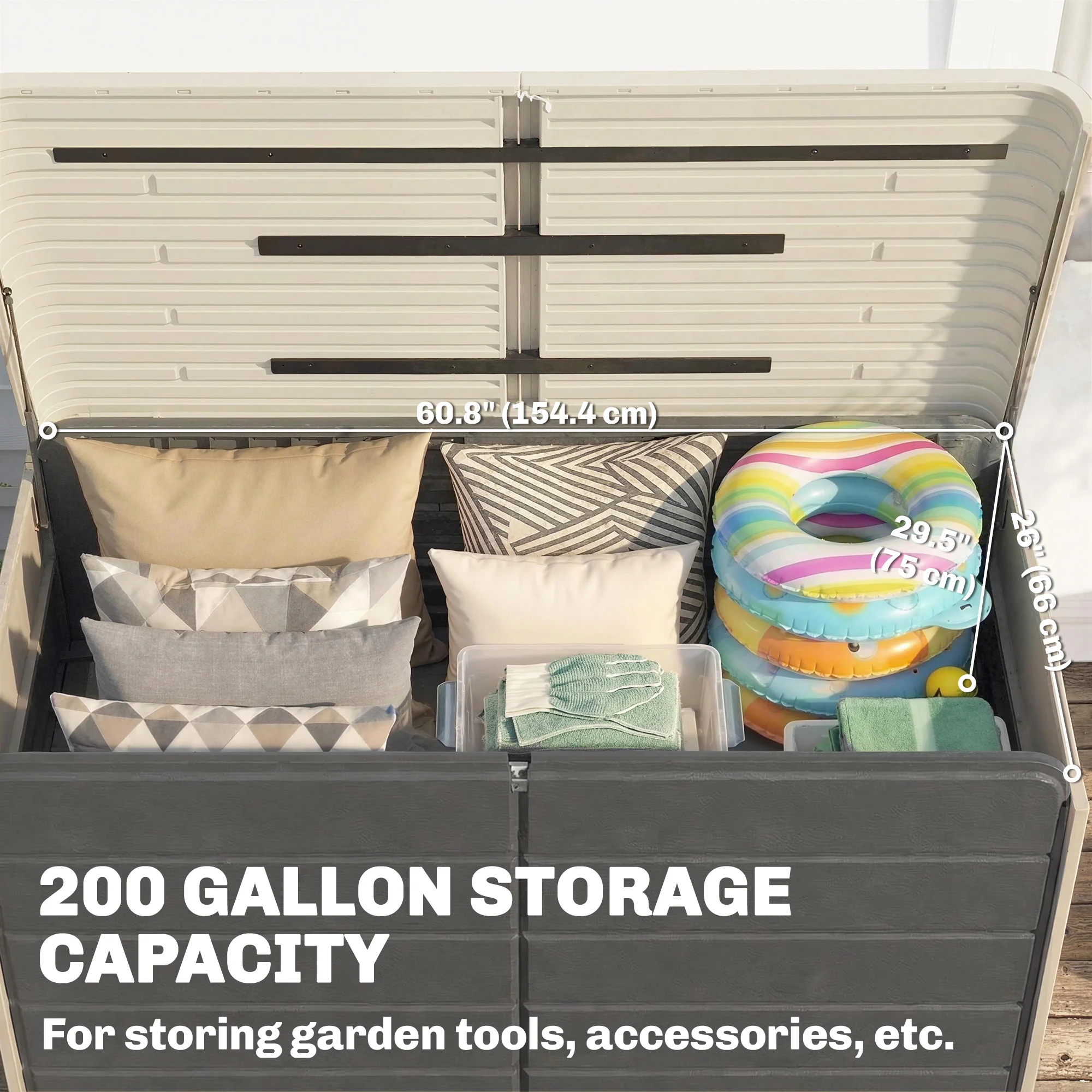 757 L Garden Storage Box with Wheels and Lockable Lid, Beige/Grey - Image 7