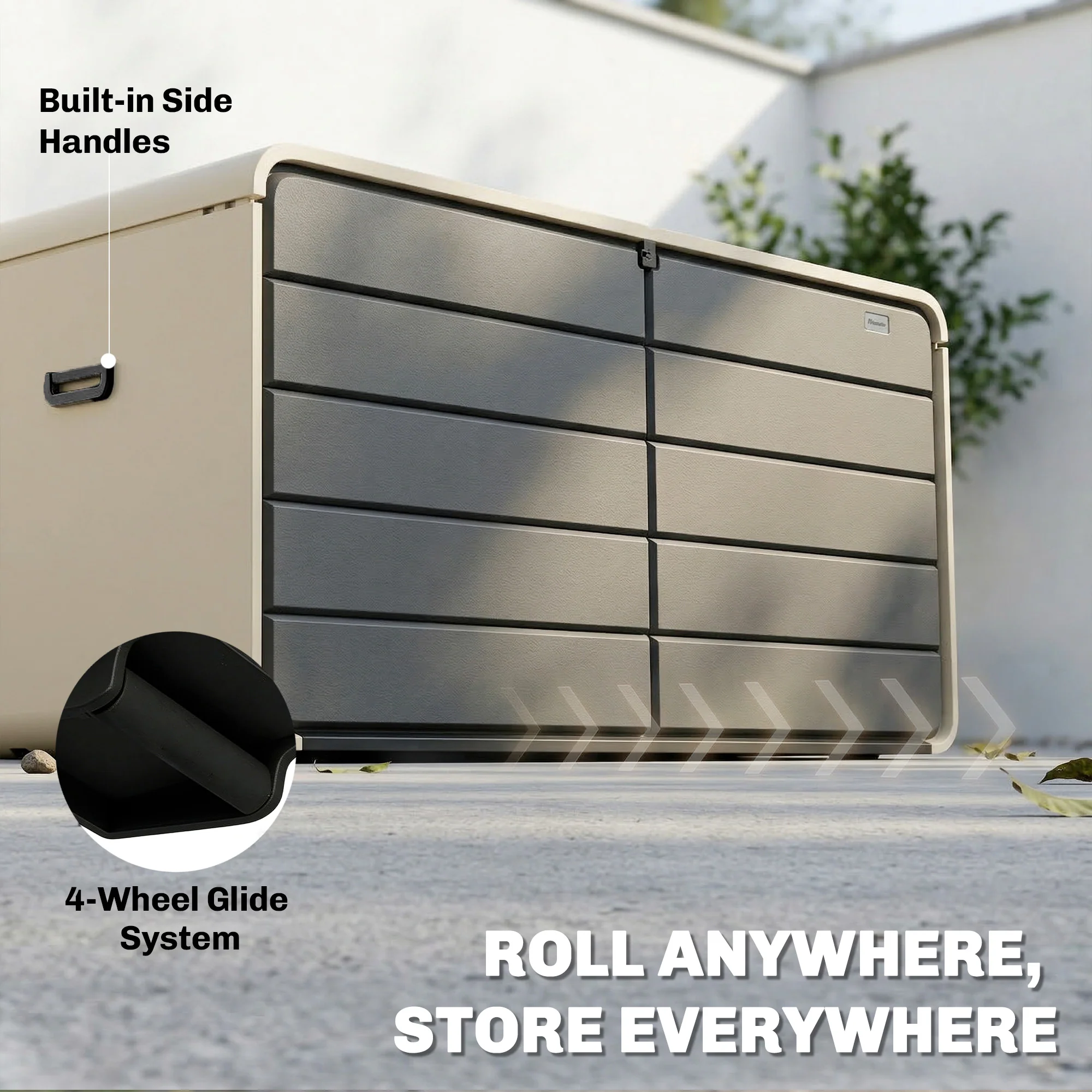 757 L Garden Storage Box with Wheels and Lockable Lid, Beige/Grey - Image 8