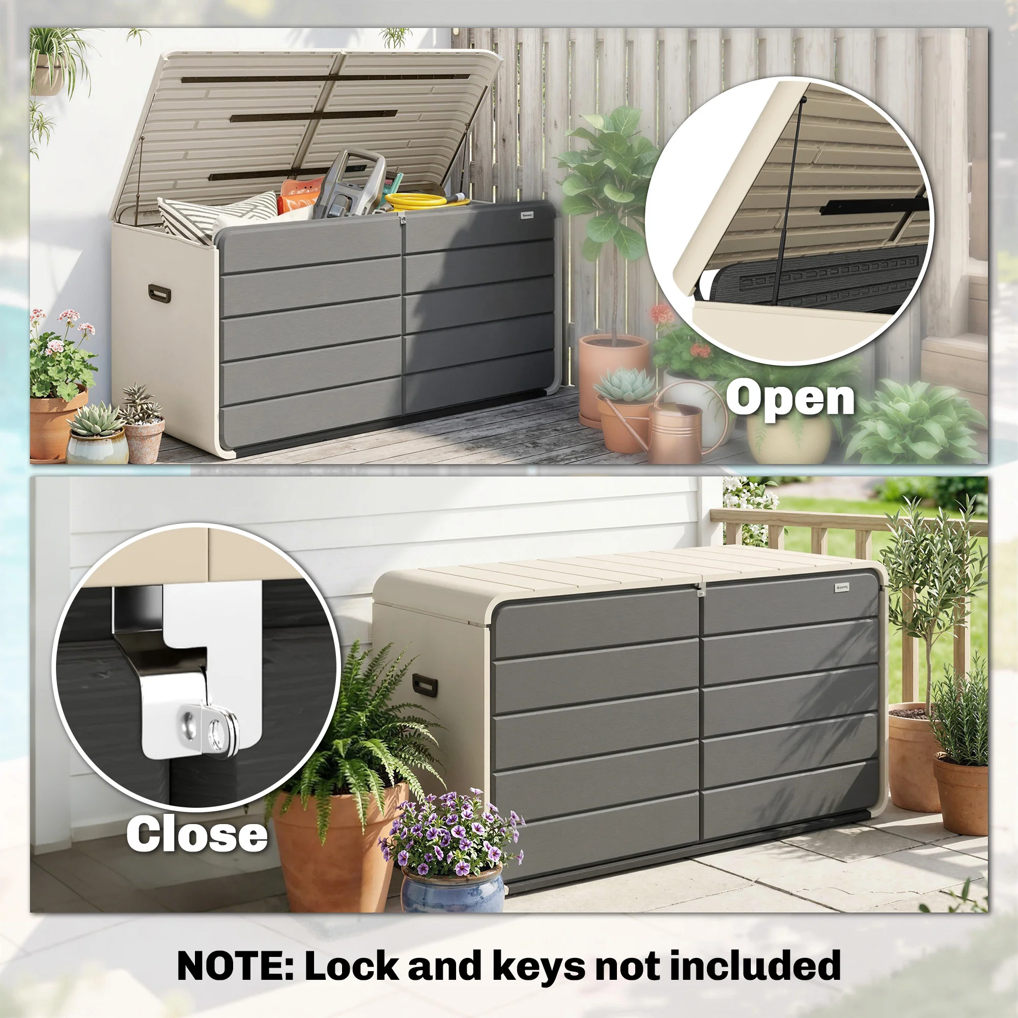 757 L Garden Storage Box with Wheels and Lockable Lid, Beige/Grey - Image 9