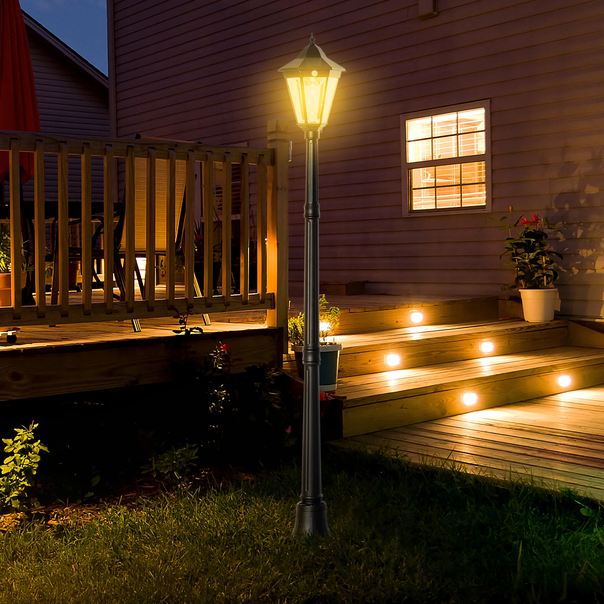 77" Aluminum Solar Lamp Post Light w/ Motion Sensor PIR & Adjustable Brightness, Black - Image 3