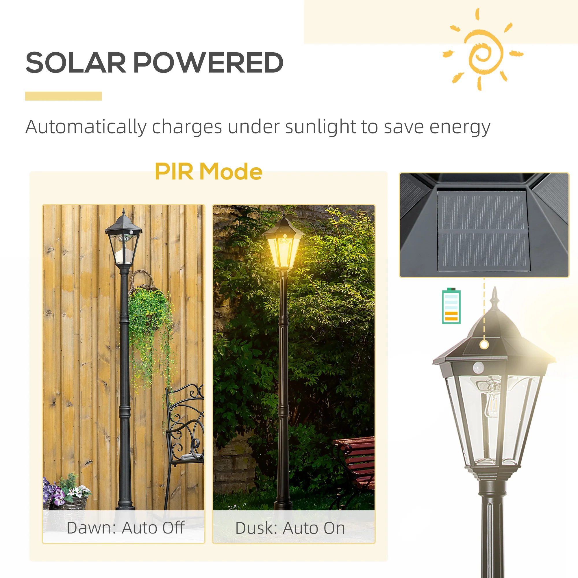 77" Aluminum Solar Lamp Post Light w/ Motion Sensor PIR & Adjustable Brightness, Black - Image 7