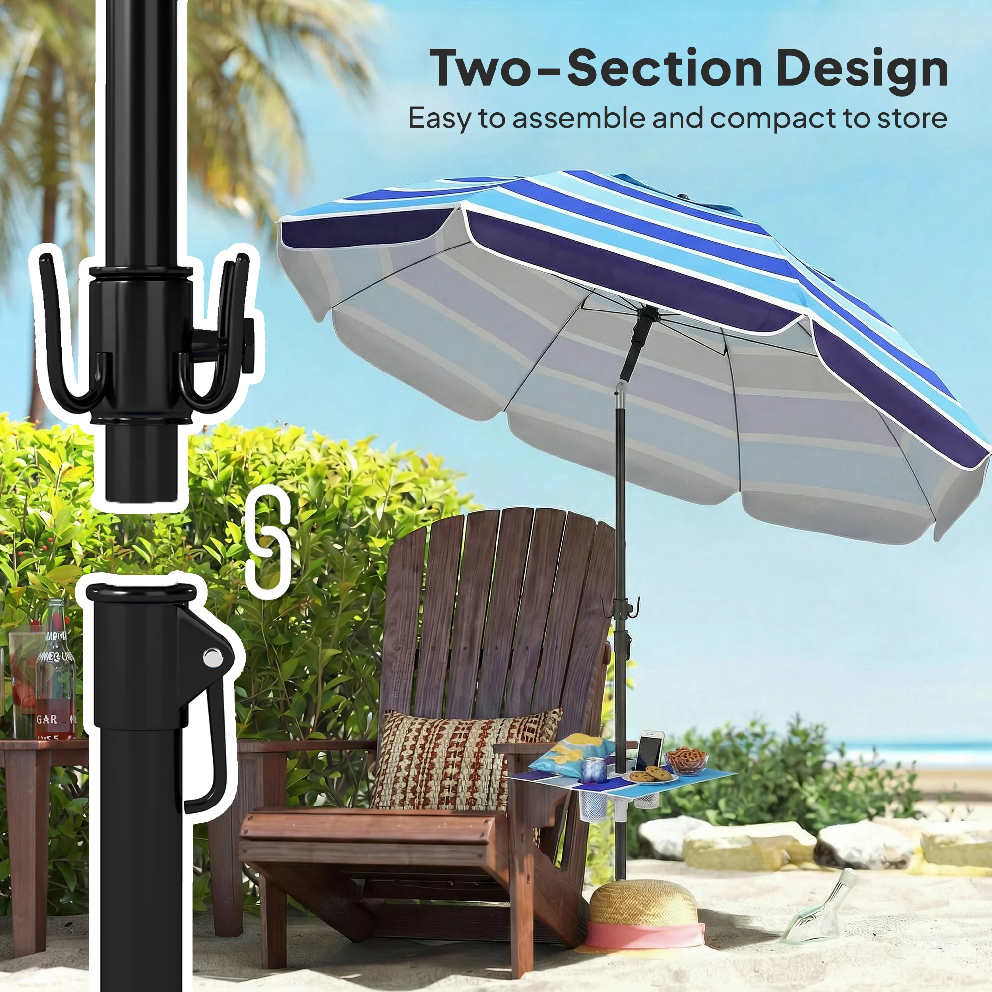 78" Beach Umbrella with Foldable Table, Cup Holder and Carry Bag, Multicolor - Image 10