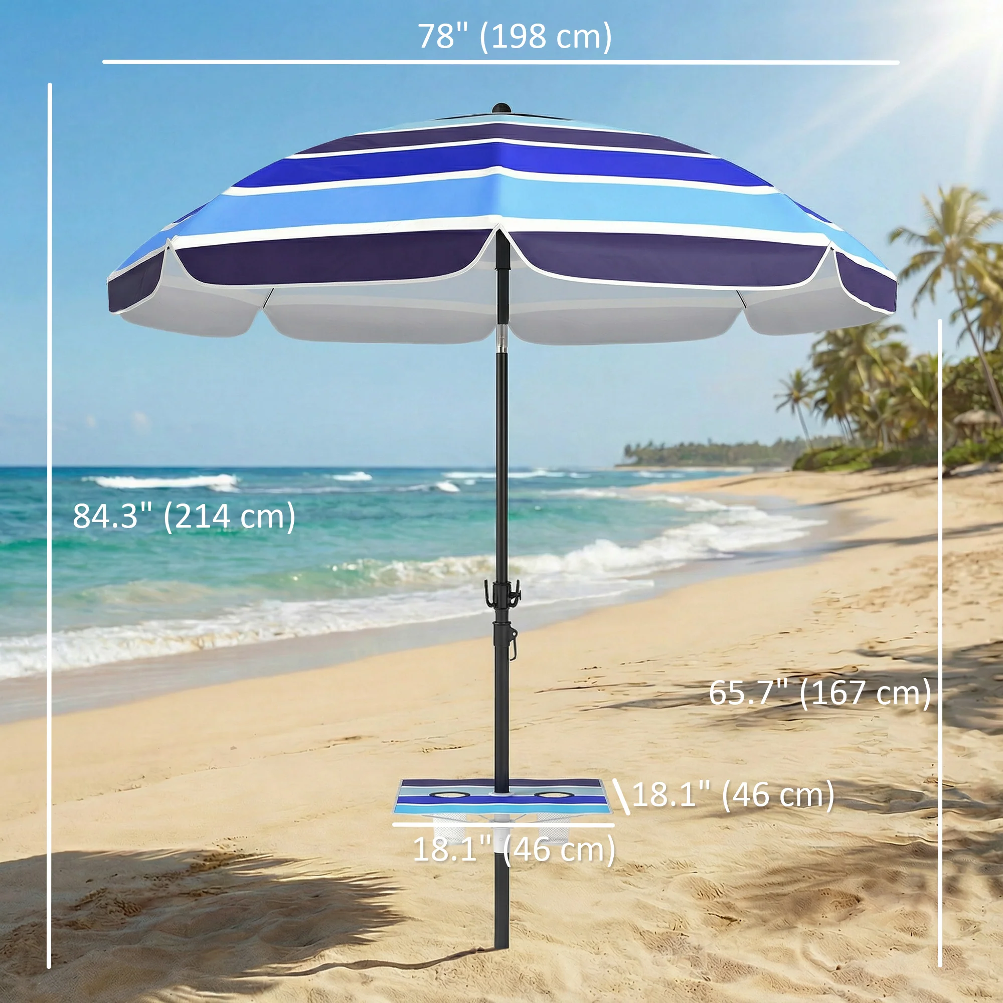 78" Beach Umbrella with Foldable Table, Cup Holder and Carry Bag, Multicolor - Image 5