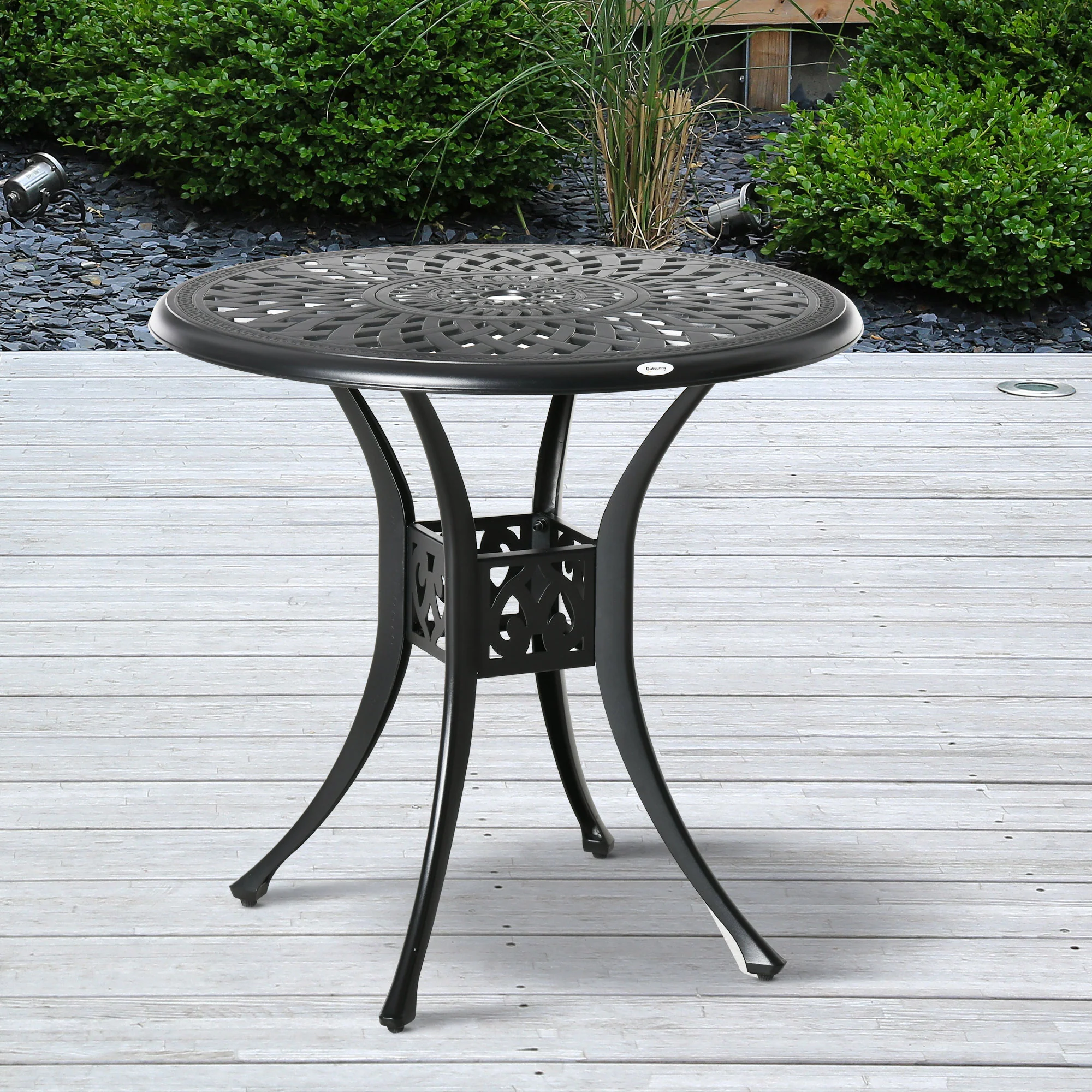78 cm Round Cast Aluminium Garden Table with Parasol Hole, Black - Image 3