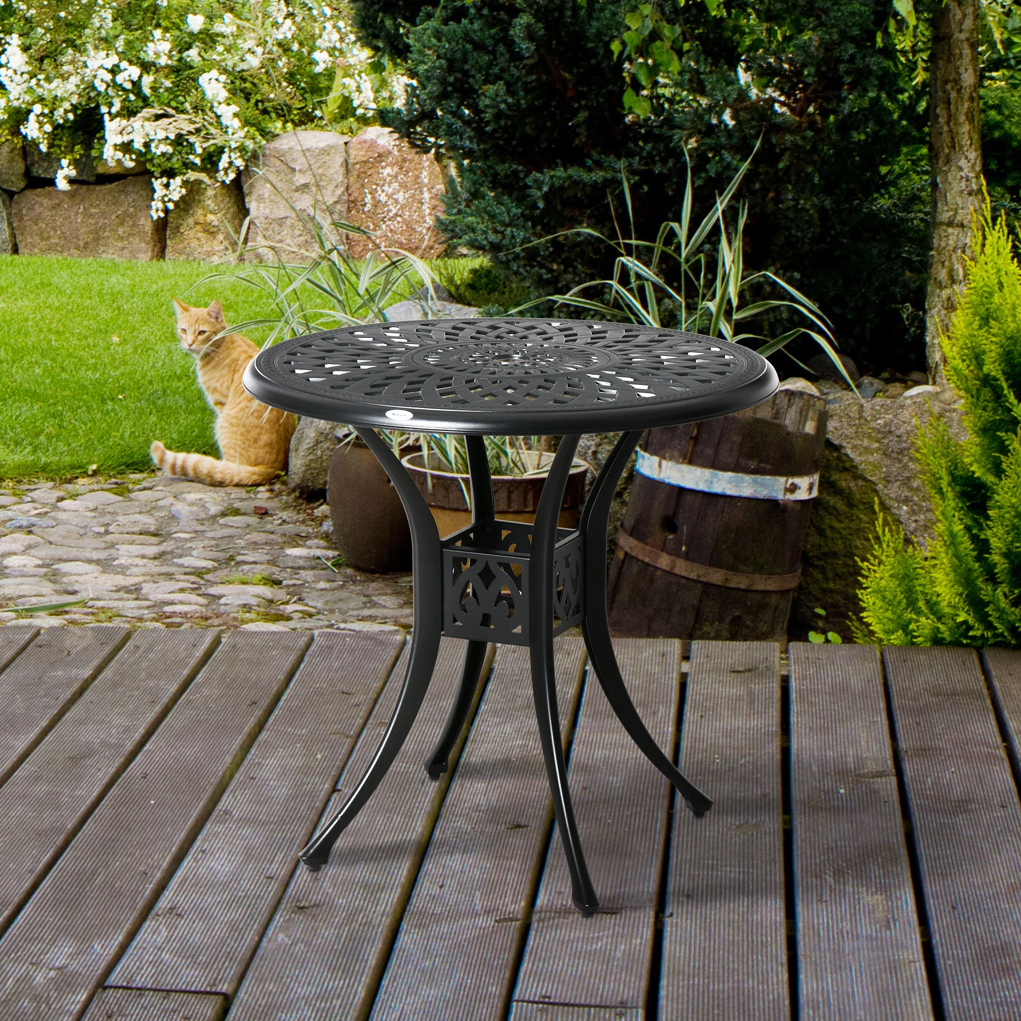 78 cm Round Cast Aluminium Garden Table with Parasol Hole, Black - Image 4
