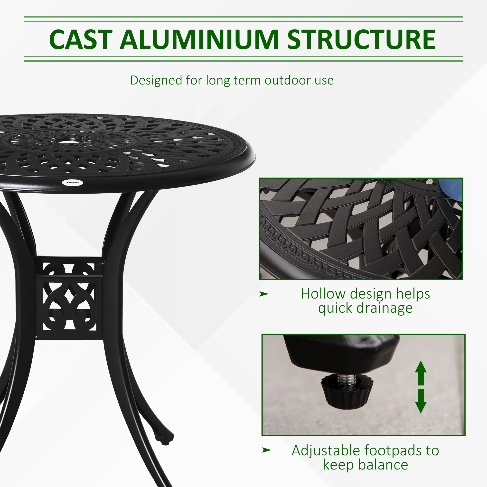 78 cm Round Cast Aluminium Garden Table with Parasol Hole, Black - Image 6
