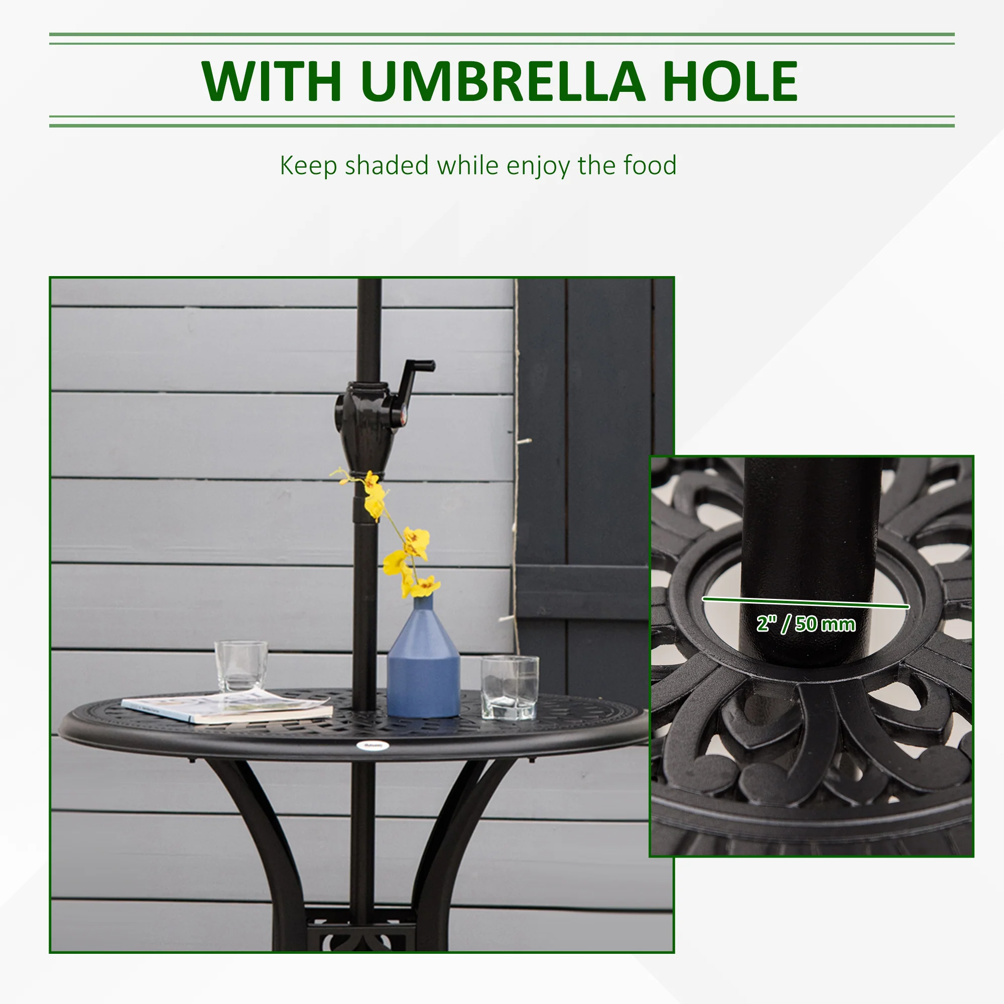 78 cm Round Cast Aluminium Garden Table with Parasol Hole, Black - Image 7