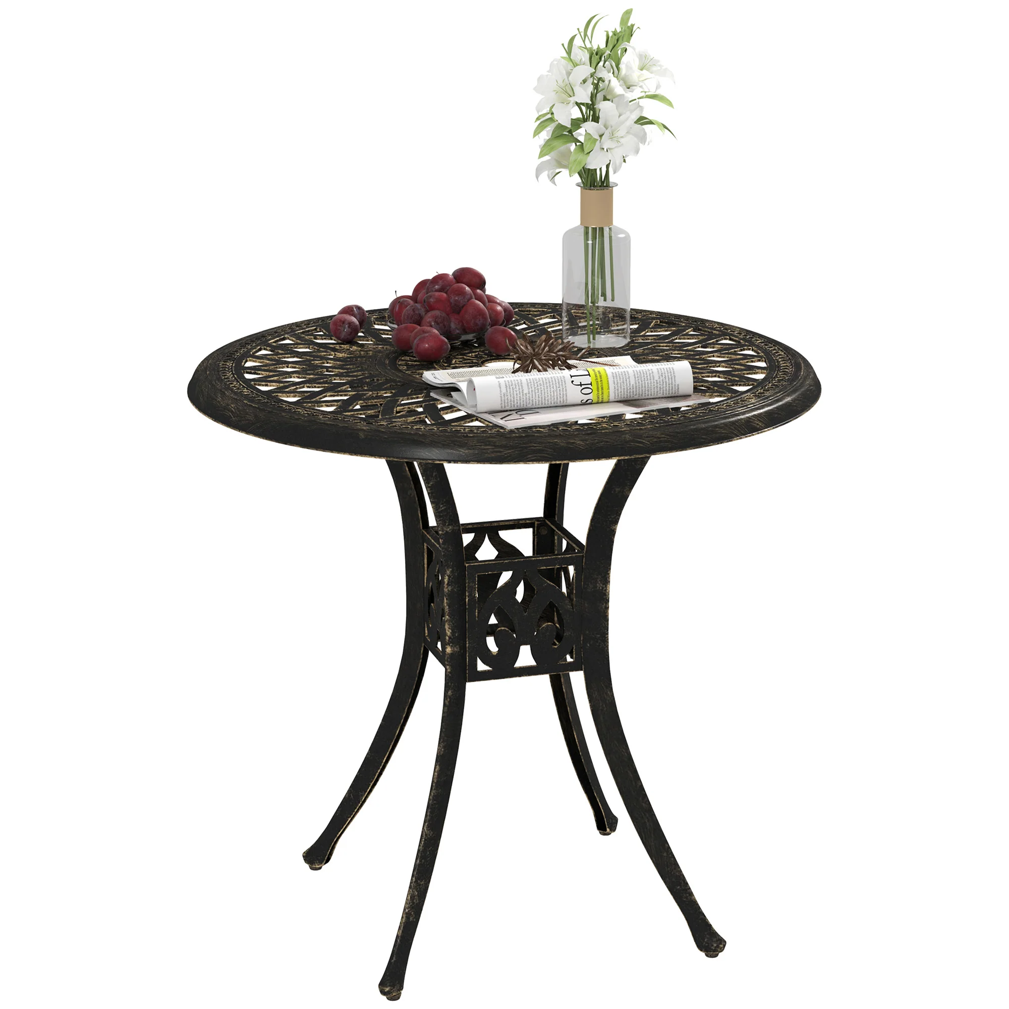 78 cm Round Cast Aluminium Garden Table with Parasol Hole, Bronze Tone