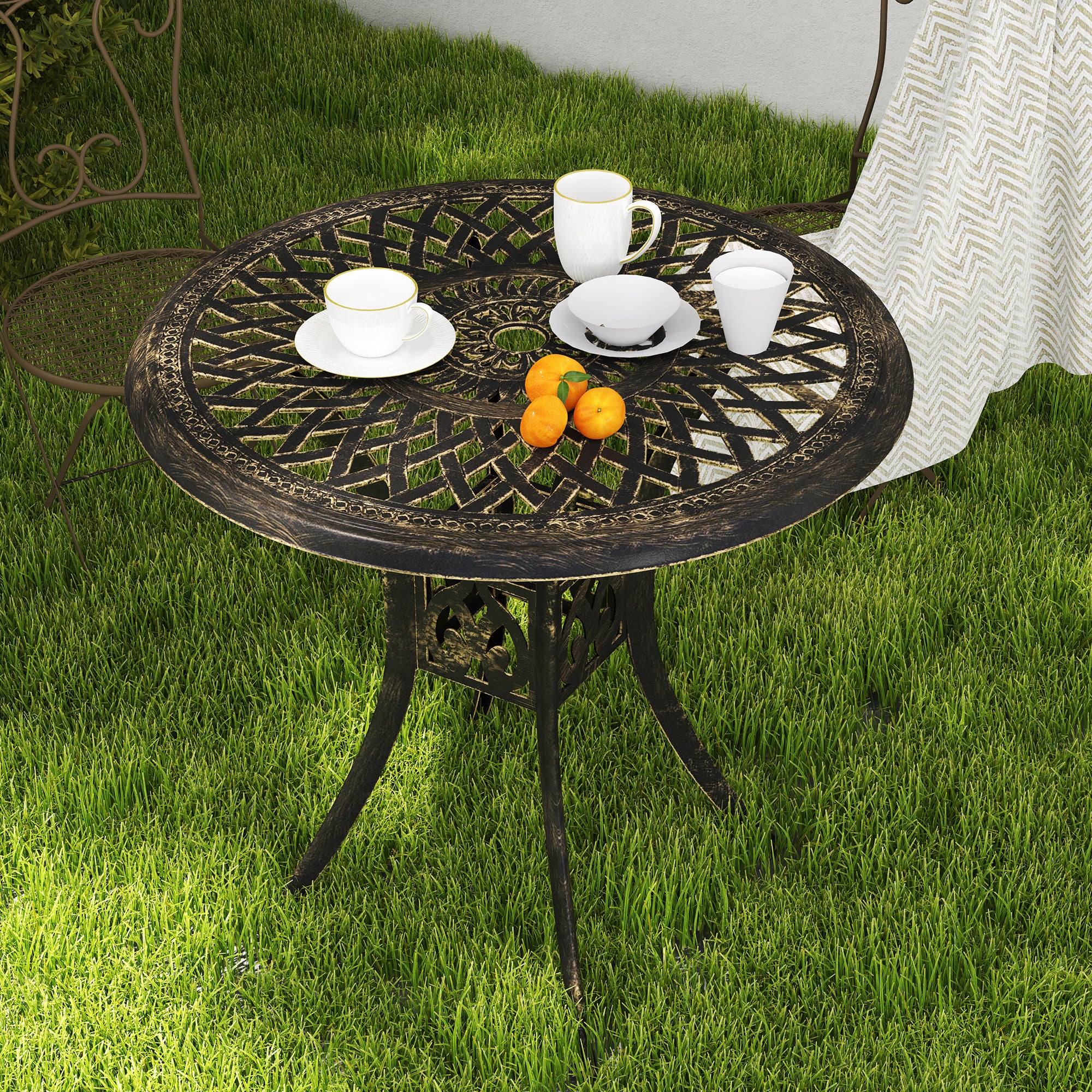 78 cm Round Cast Aluminium Garden Table with Parasol Hole, Bronze Tone - Image 10