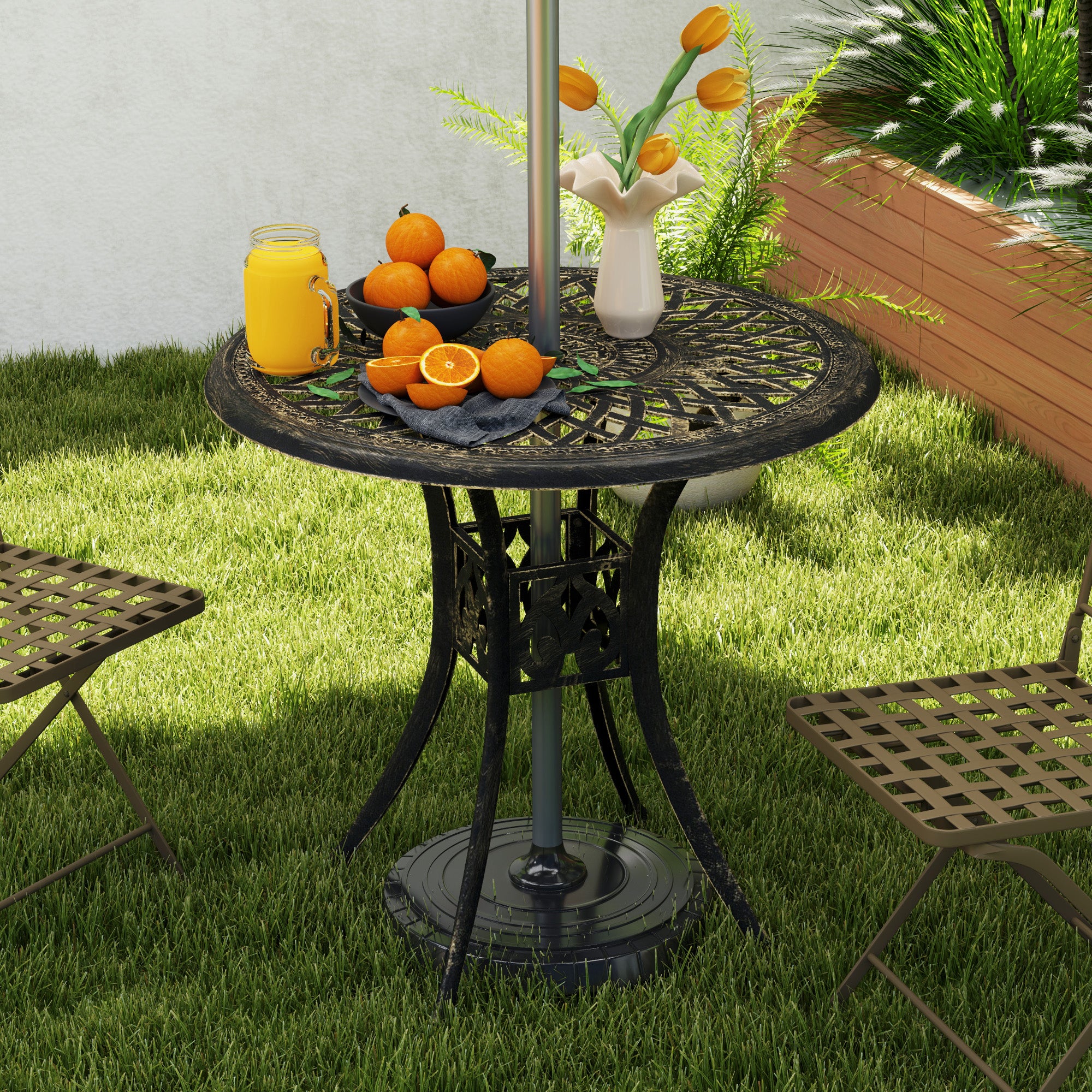 78 cm Round Cast Aluminium Garden Table with Parasol Hole, Bronze Tone - Image 4
