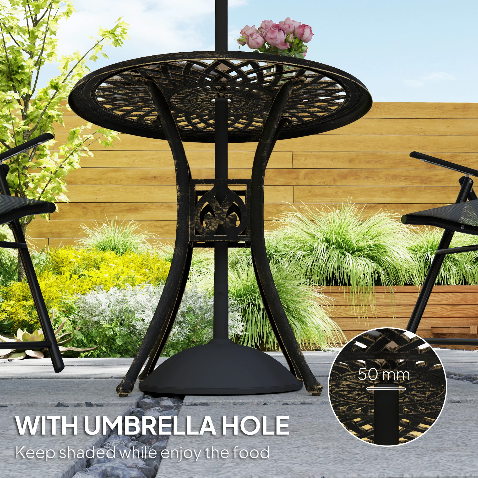 78 cm Round Cast Aluminium Garden Table with Parasol Hole, Bronze Tone - Image 7