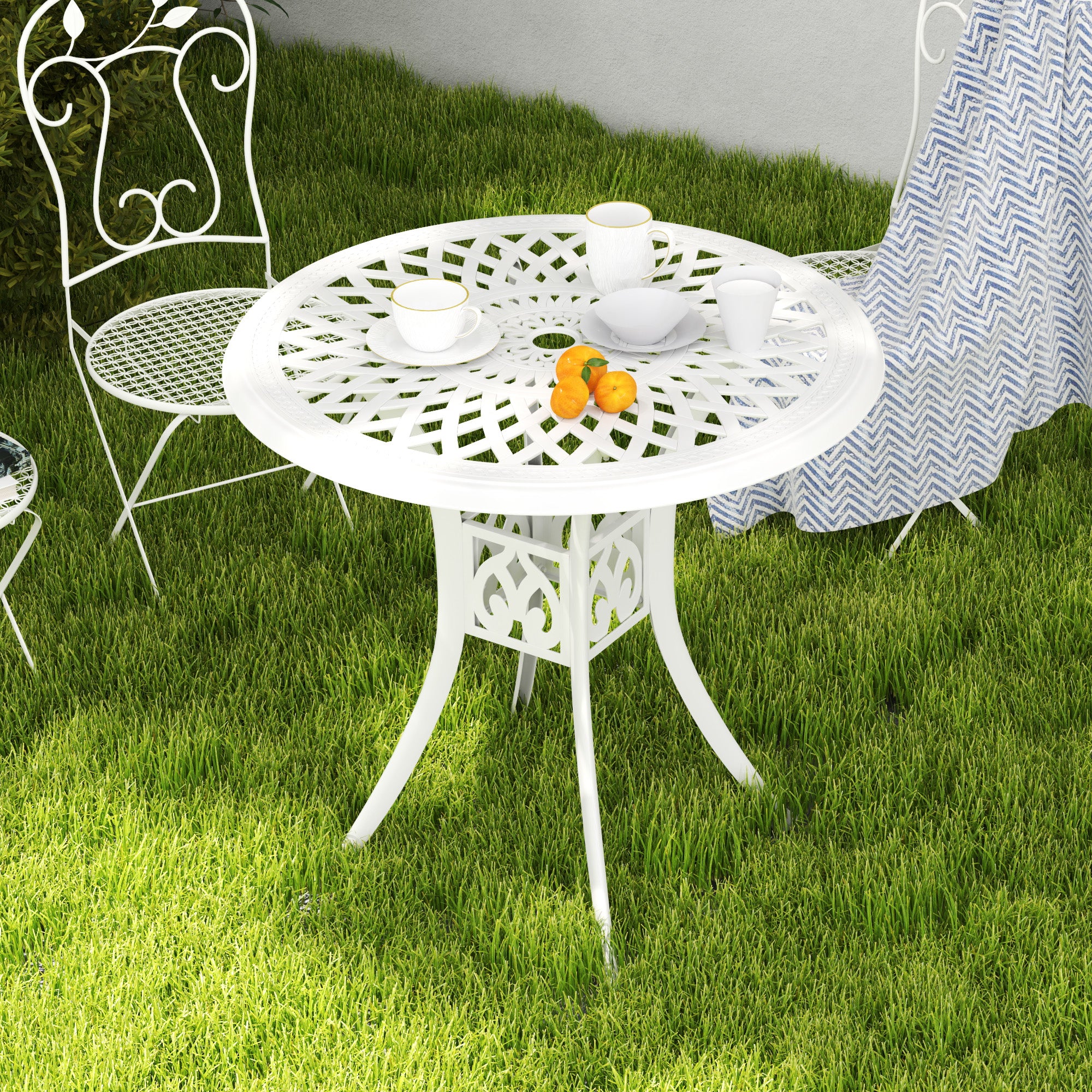 78 cm Round Cast Aluminium Garden Table with Parasol Hole, White - Image 10