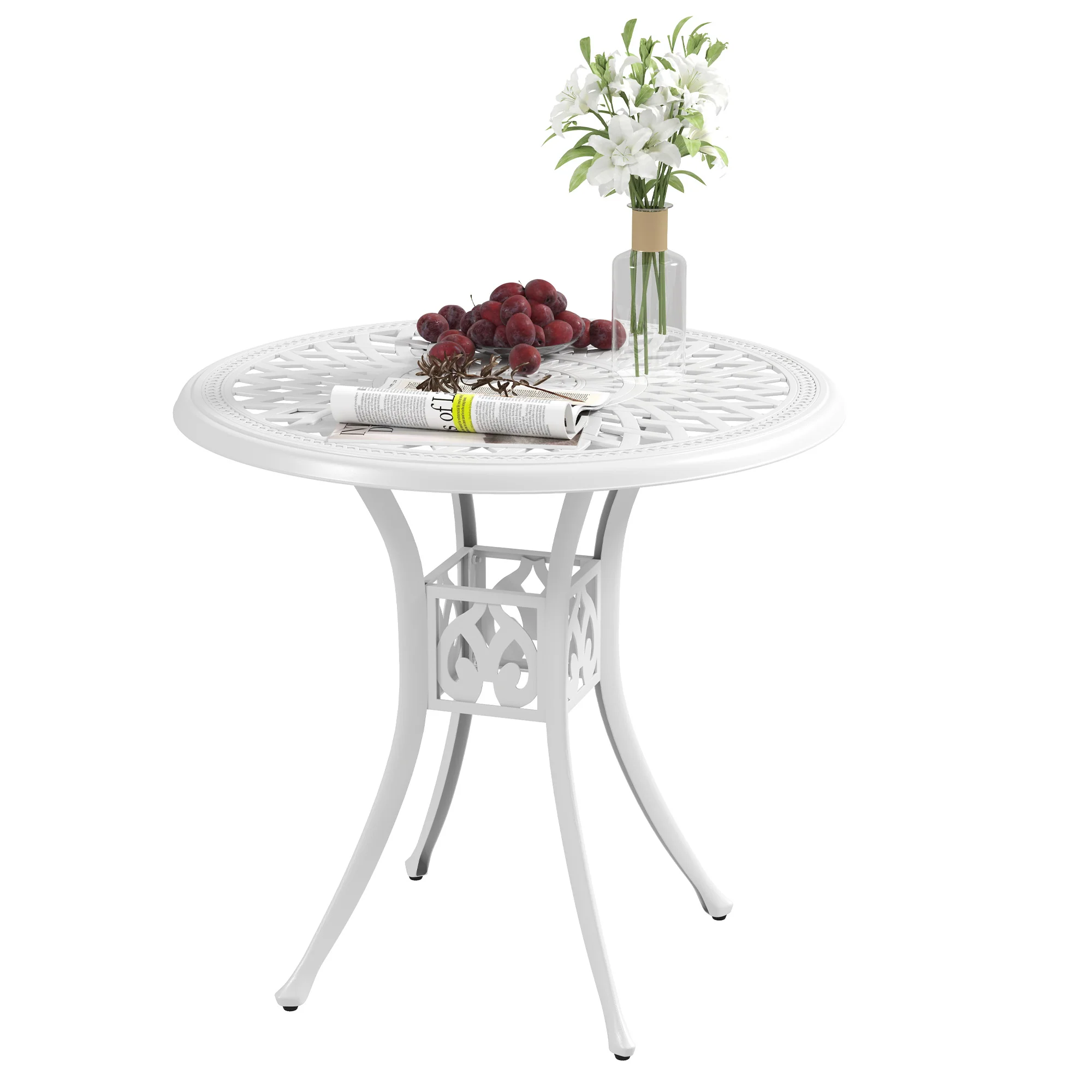 78 cm Round Cast Aluminium Garden Table with Parasol Hole, White - Image 2