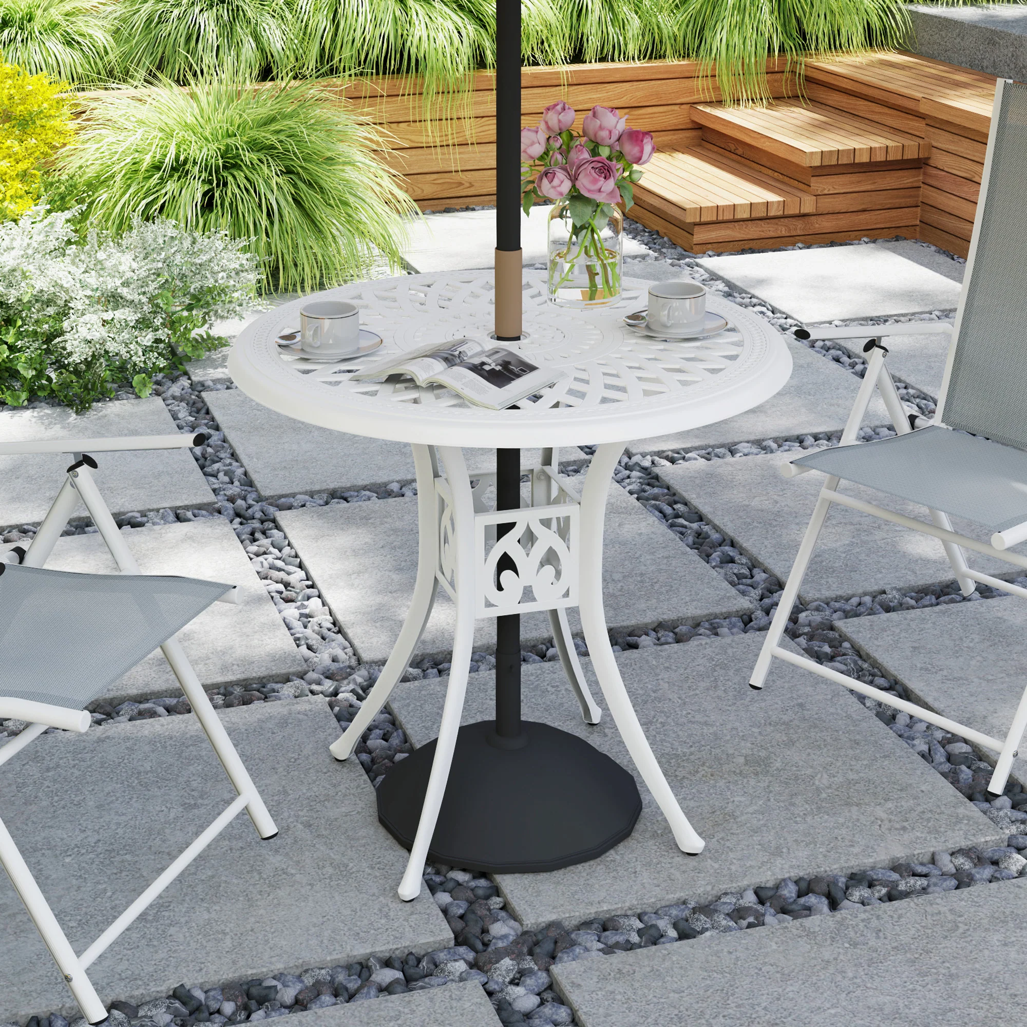 78 cm Round Cast Aluminium Garden Table with Parasol Hole, White - Image 3
