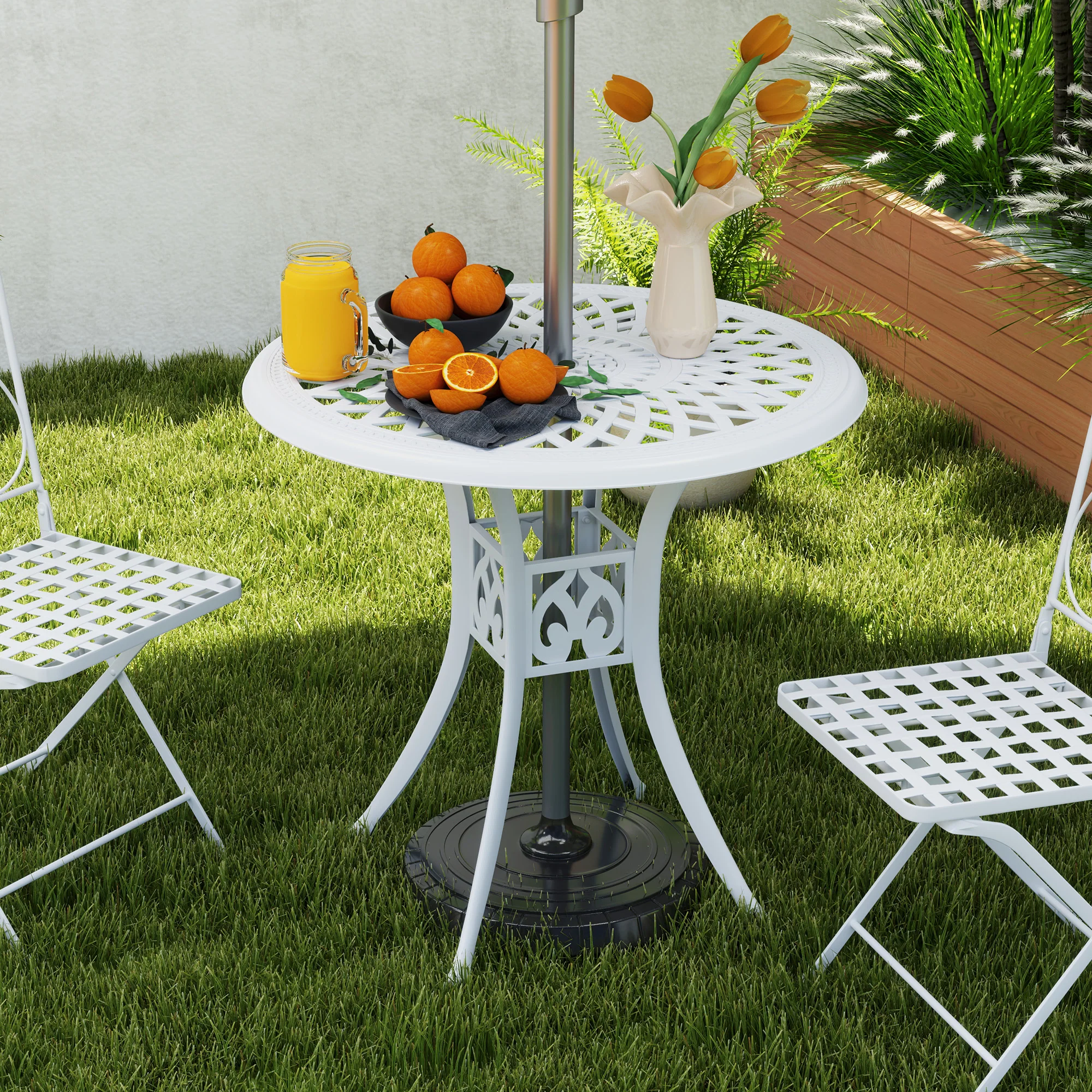 78 cm Round Cast Aluminium Garden Table with Parasol Hole, White - Image 4