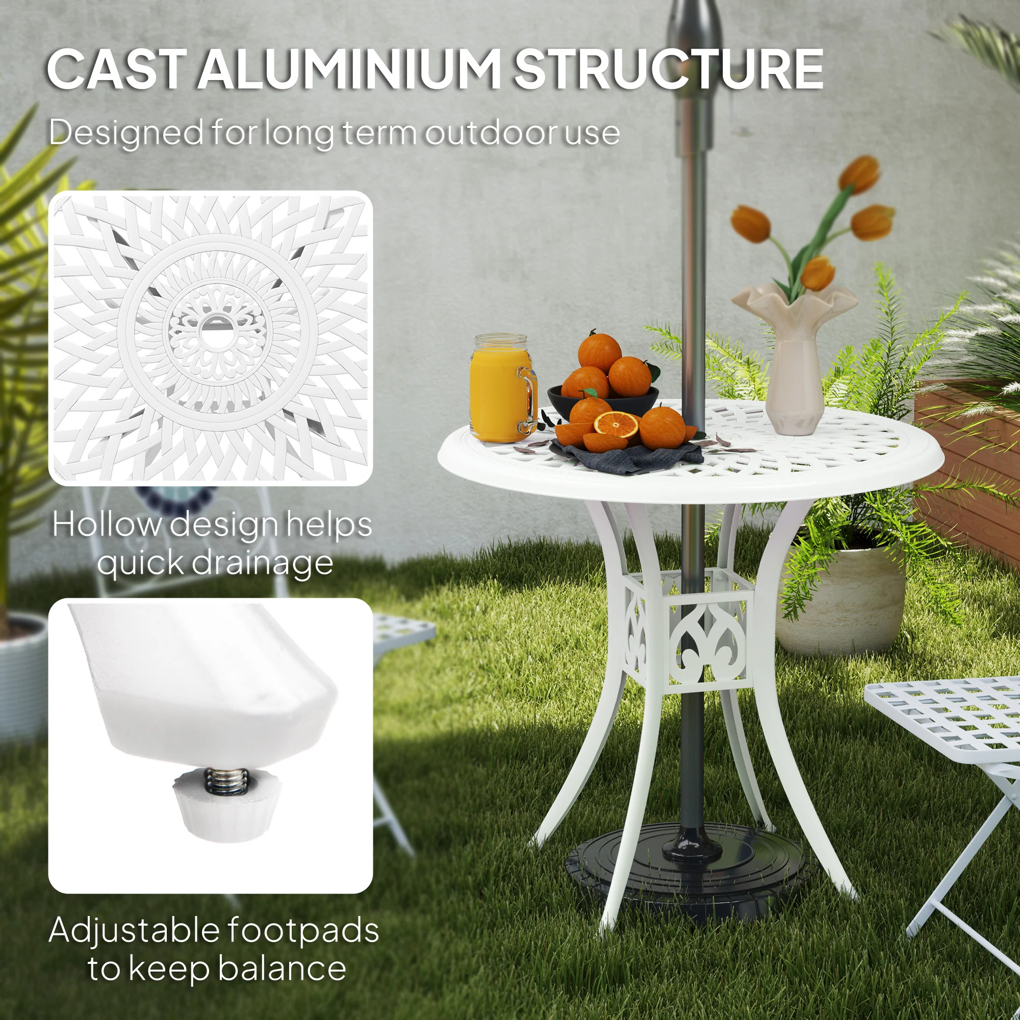 78 cm Round Cast Aluminium Garden Table with Parasol Hole, White - Image 6