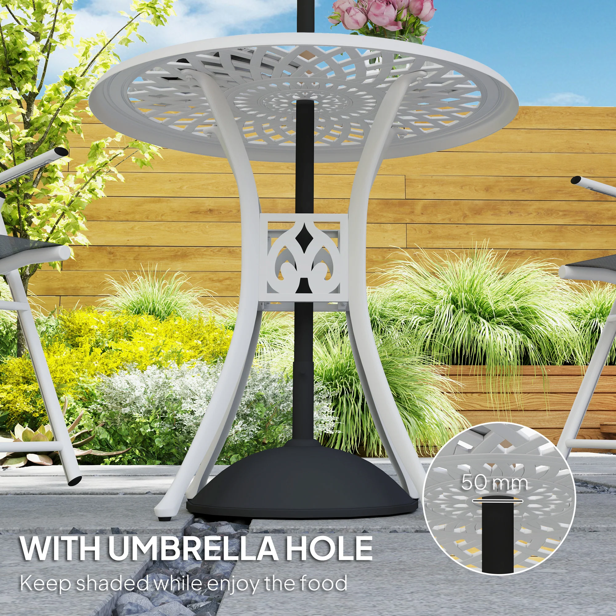78 cm Round Cast Aluminium Garden Table with Parasol Hole, White - Image 7
