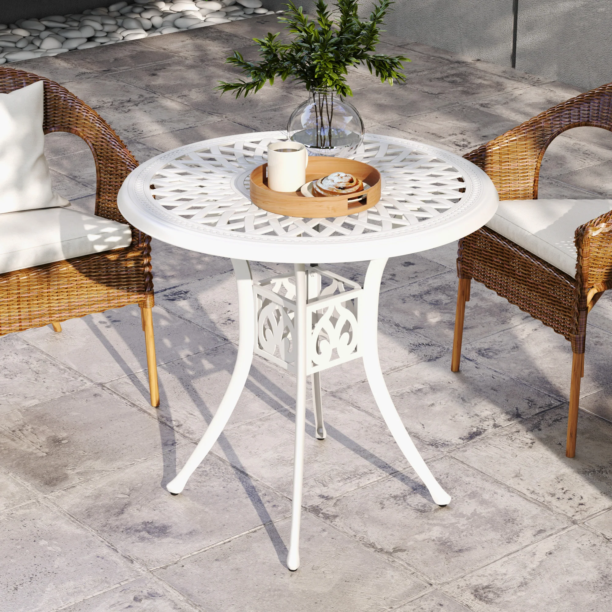 78 cm Round Cast Aluminium Garden Table with Parasol Hole, White - Image 8
