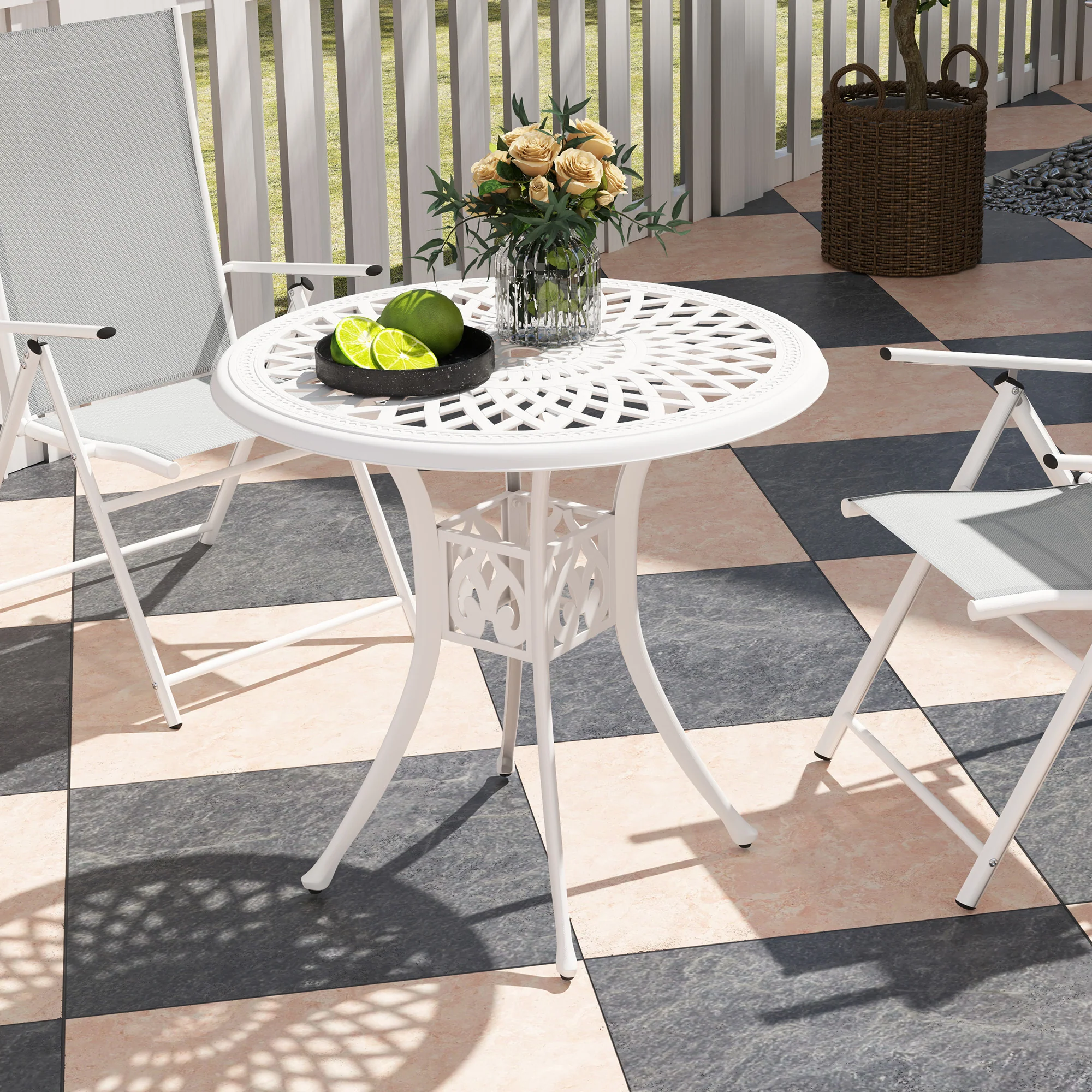 78 cm Round Cast Aluminium Garden Table with Parasol Hole, White - Image 9