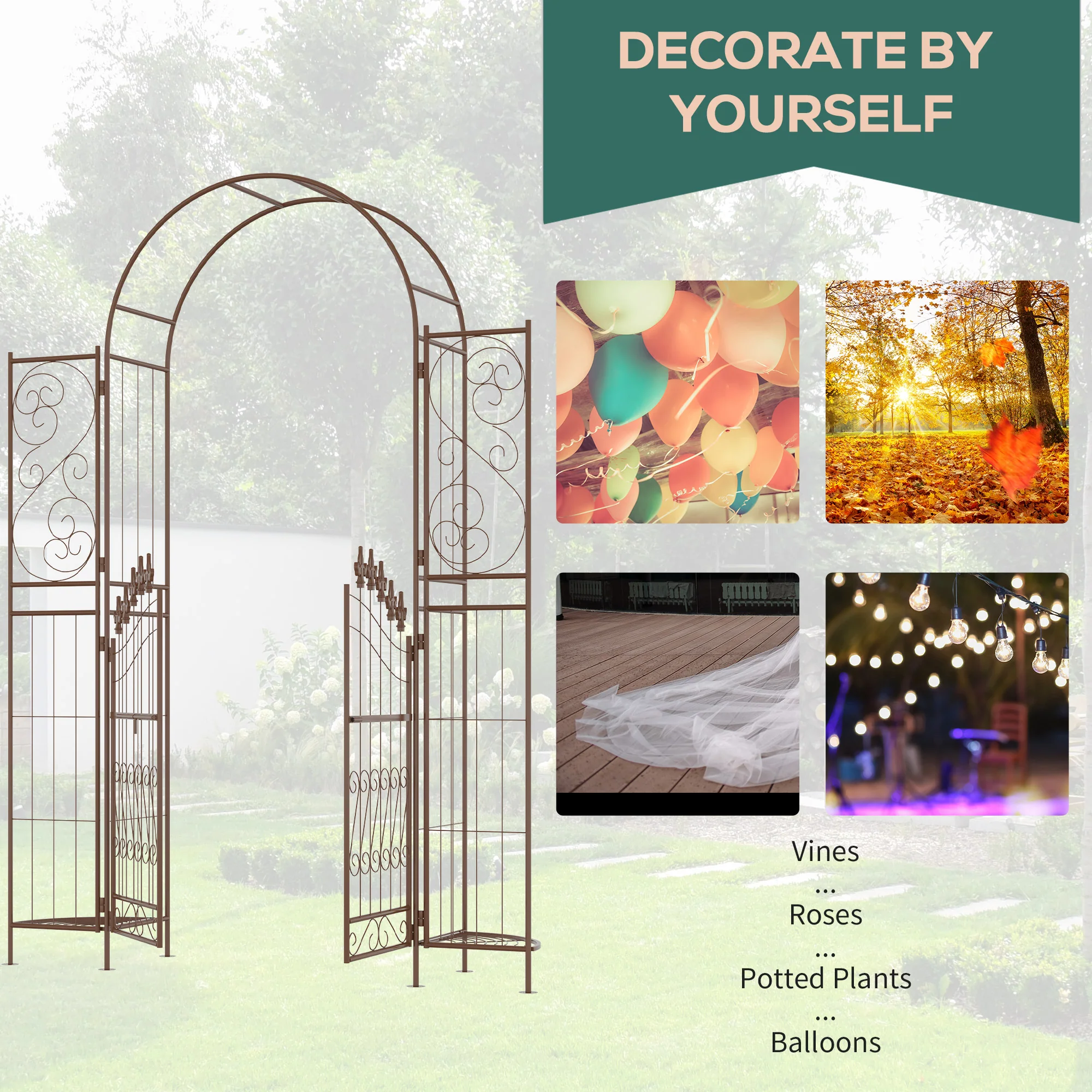 7ft Metal Garden Arch with Gate for Climbing Plants, Ceremony D¨|cor fot Garden, Brown - Image 6