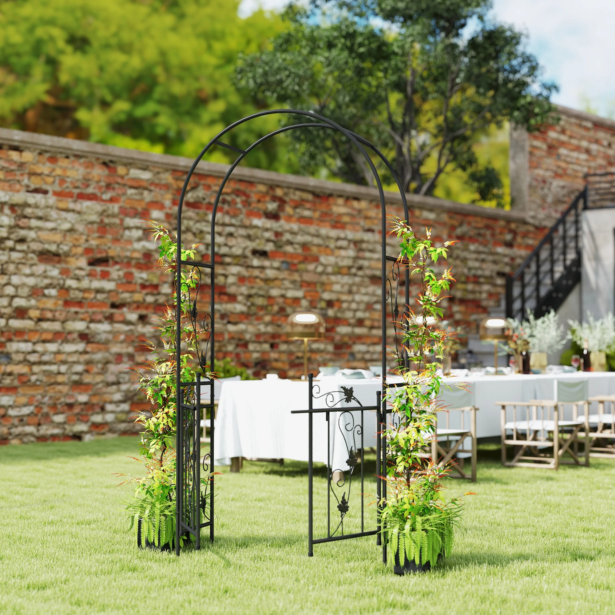 7ft Steel Garden Arch with Gate, Garden Arbor Trellis for Climbing Plants, Roses, Vines, Wedding Arch for Outdoor, Garden, Lawn, Backyard, Black - Image 10