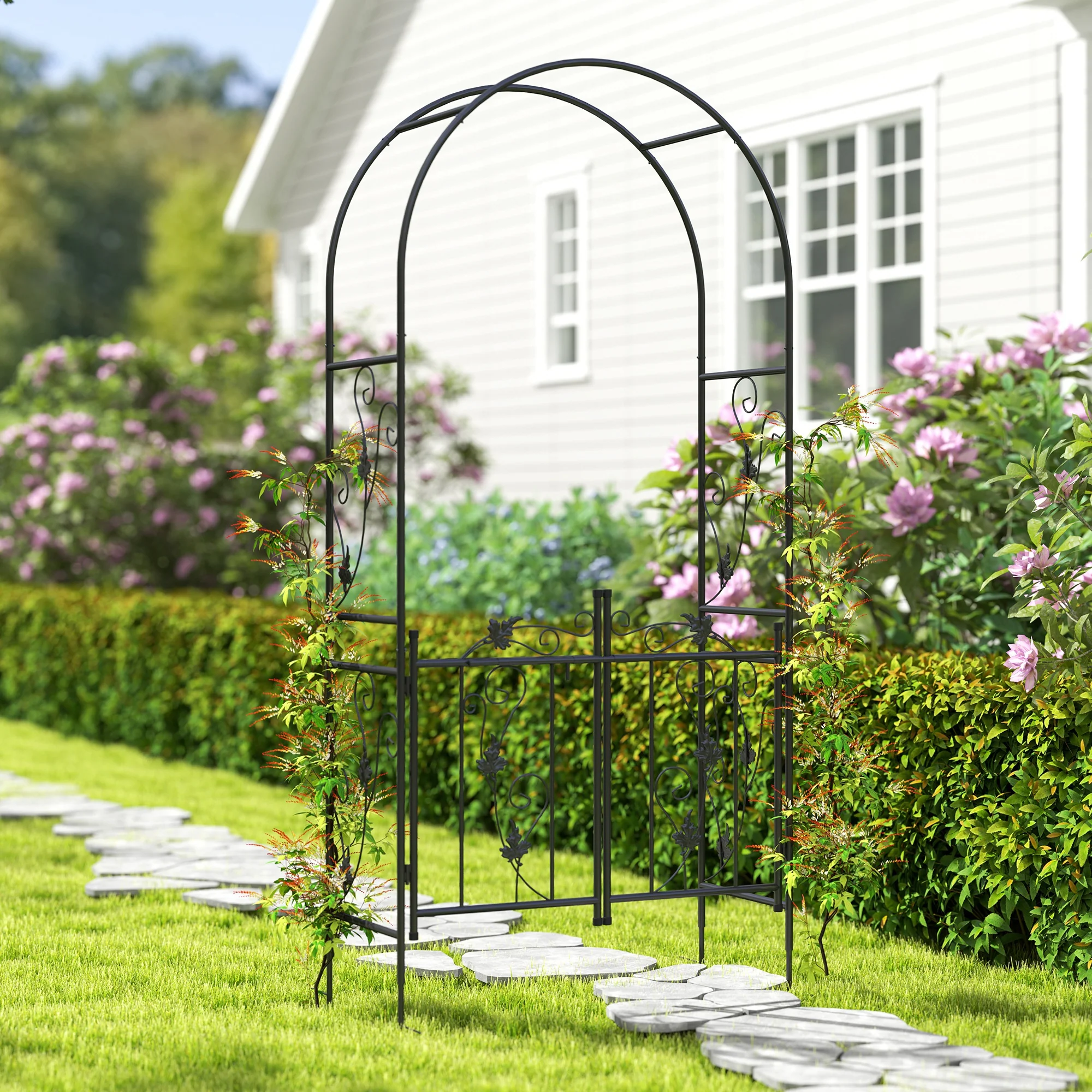 7ft Steel Garden Arch with Gate, Garden Arbor Trellis for Climbing Plants, Roses, Vines, Wedding Arch for Outdoor, Garden, Lawn, Backyard, Black - Image 11