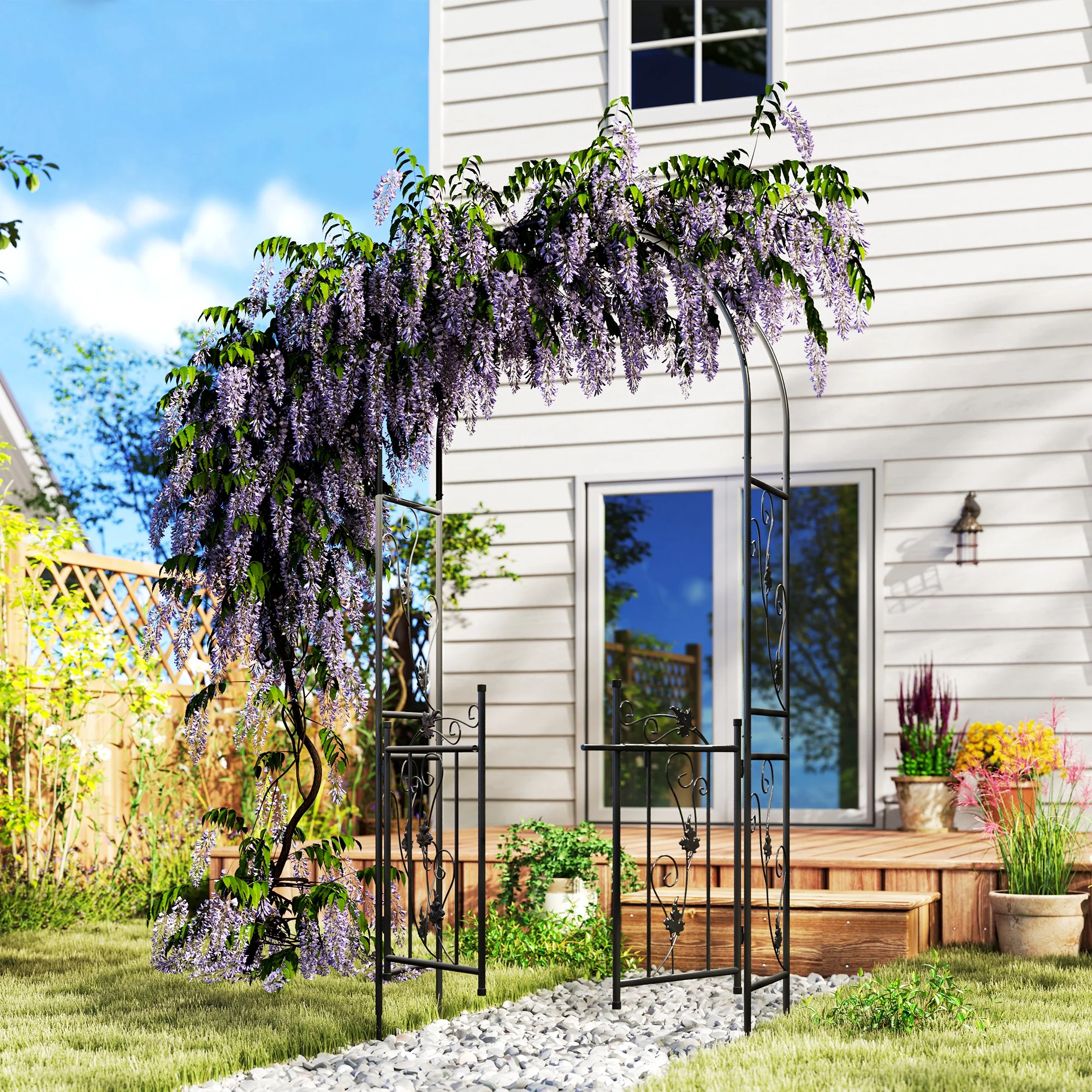 7ft Steel Garden Arch with Gate, Garden Arbor Trellis for Climbing Plants, Roses, Vines, Wedding Arch for Outdoor, Garden, Lawn, Backyard, Black - Image 3