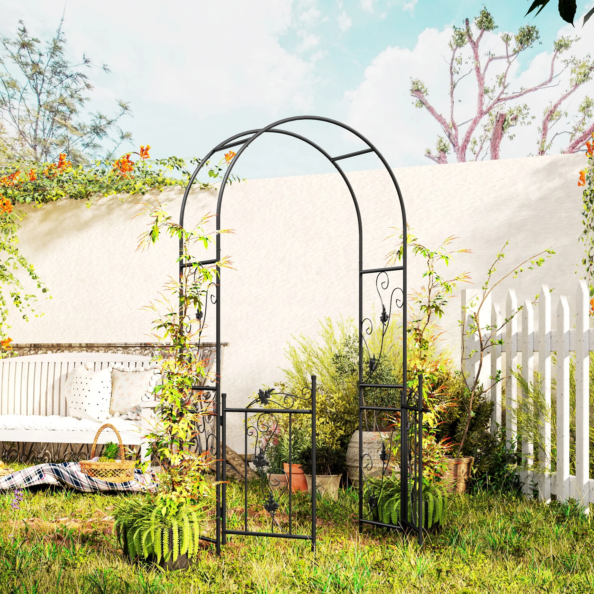 7ft Steel Garden Arch with Gate, Garden Arbor Trellis for Climbing Plants, Roses, Vines, Wedding Arch for Outdoor, Garden, Lawn, Backyard, Black - Image 4