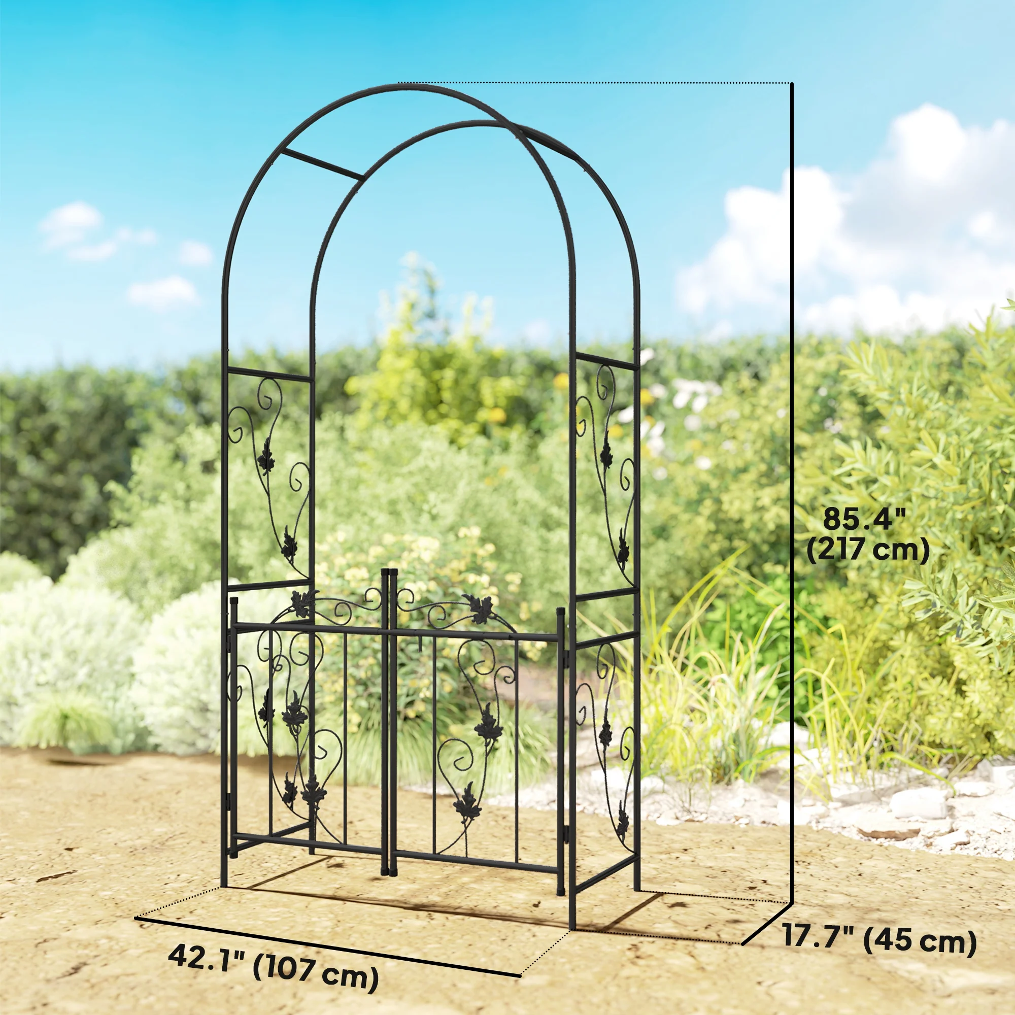 7ft Steel Garden Arch with Gate, Garden Arbor Trellis for Climbing Plants, Roses, Vines, Wedding Arch for Outdoor, Garden, Lawn, Backyard, Black - Image 5