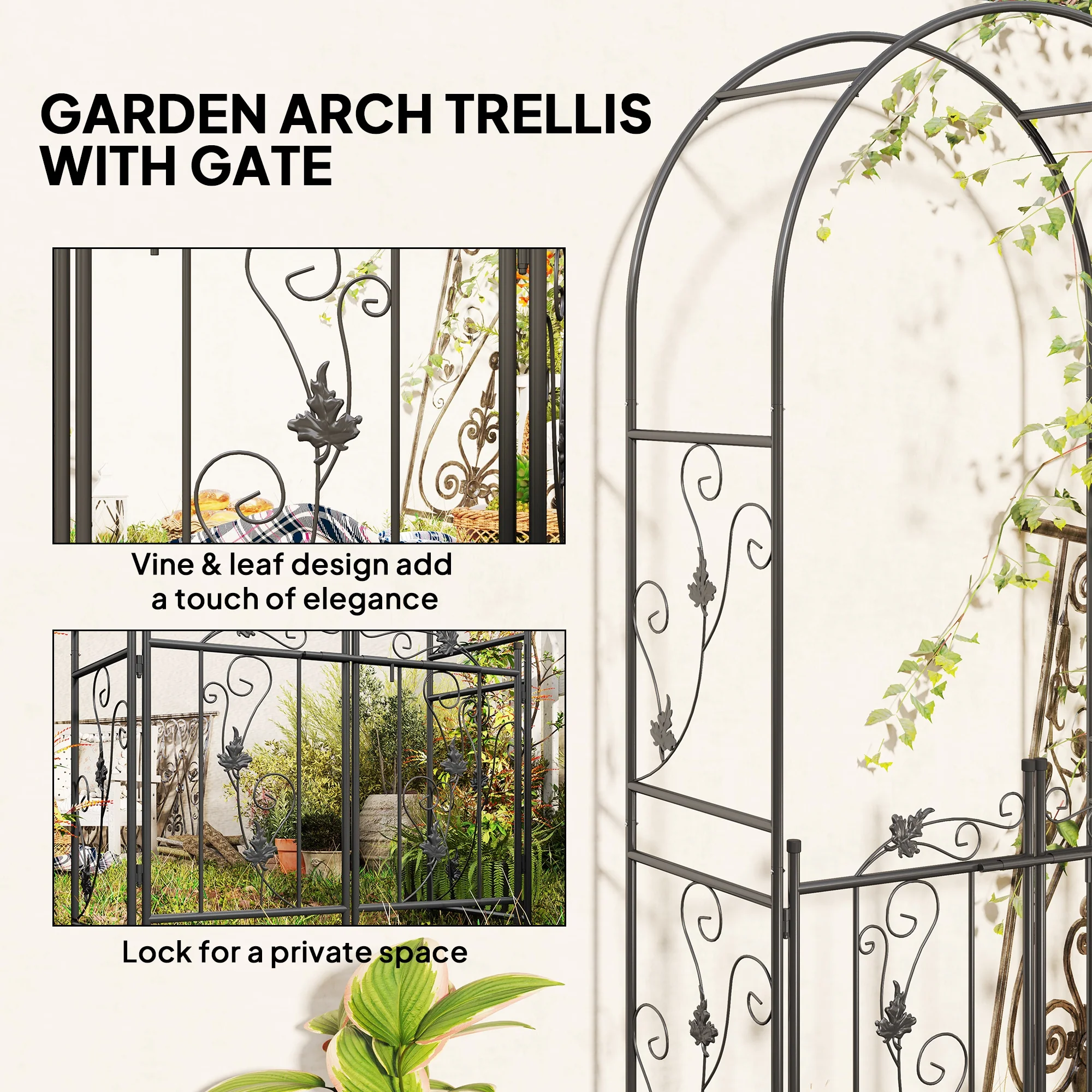 7ft Steel Garden Arch with Gate, Garden Arbor Trellis for Climbing Plants, Roses, Vines, Wedding Arch for Outdoor, Garden, Lawn, Backyard, Black - Image 6