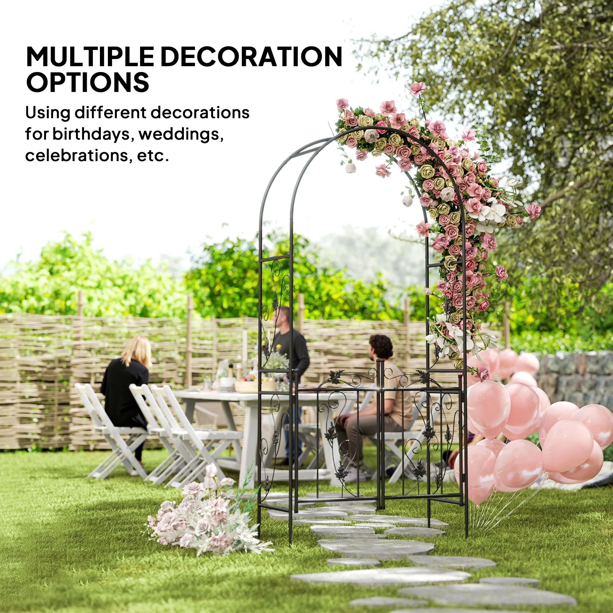 7ft Steel Garden Arch with Gate, Garden Arbor Trellis for Climbing Plants, Roses, Vines, Wedding Arch for Outdoor, Garden, Lawn, Backyard, Black - Image 9