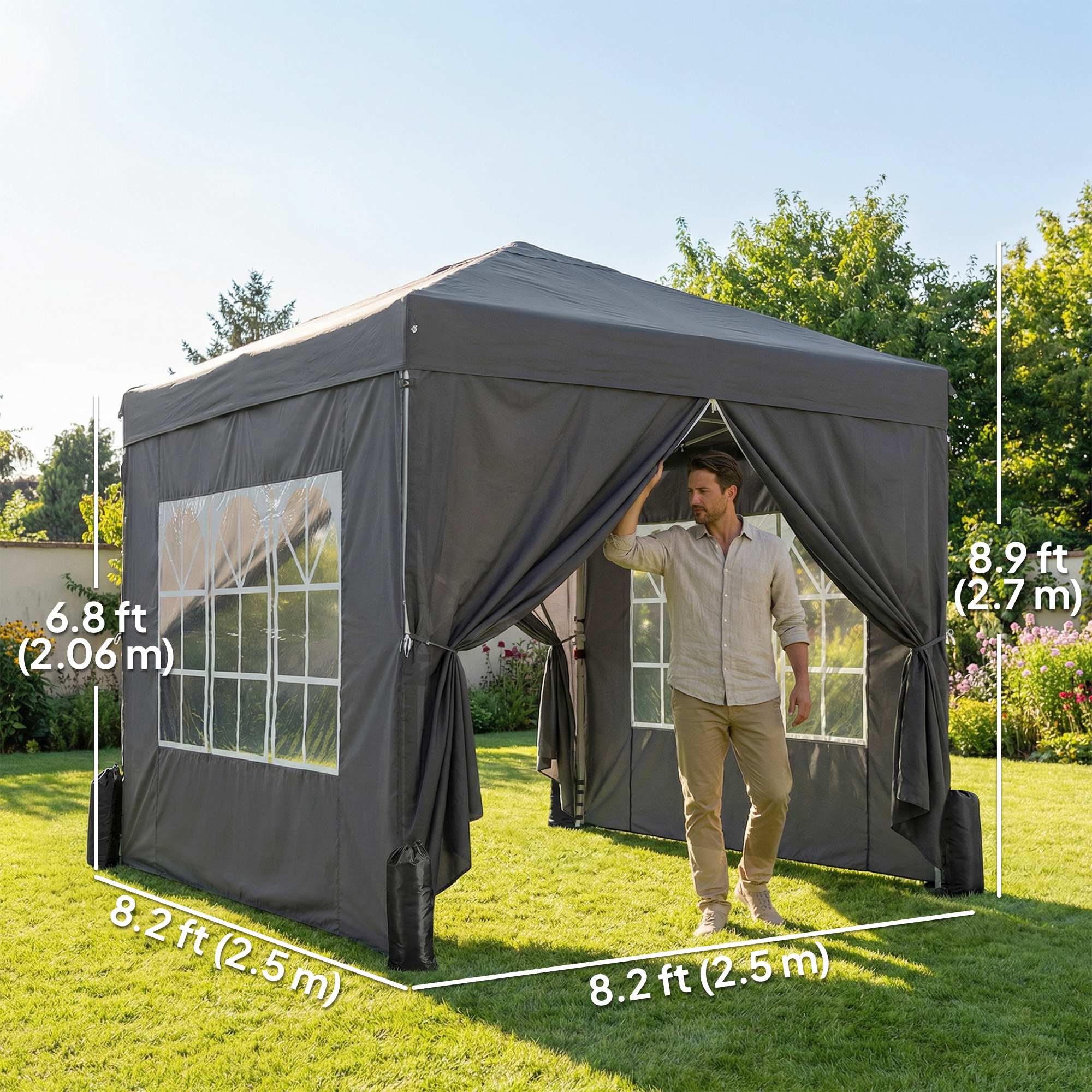 8.2 x 8.2 ft Pop-Up Canopy Tent with 4 Sidewalls & Sandbags, Dark Grey - Image 5