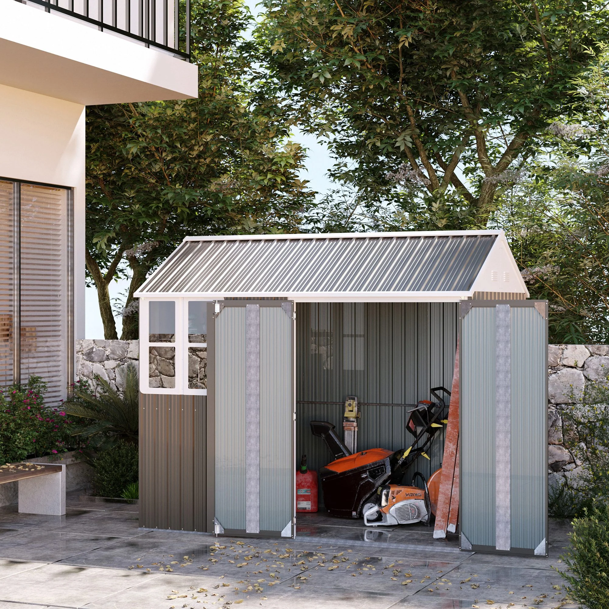 8.5' x 5.5' Metal Garden Storage Shed with Lockable Door & Window, Light Grey - Image 3