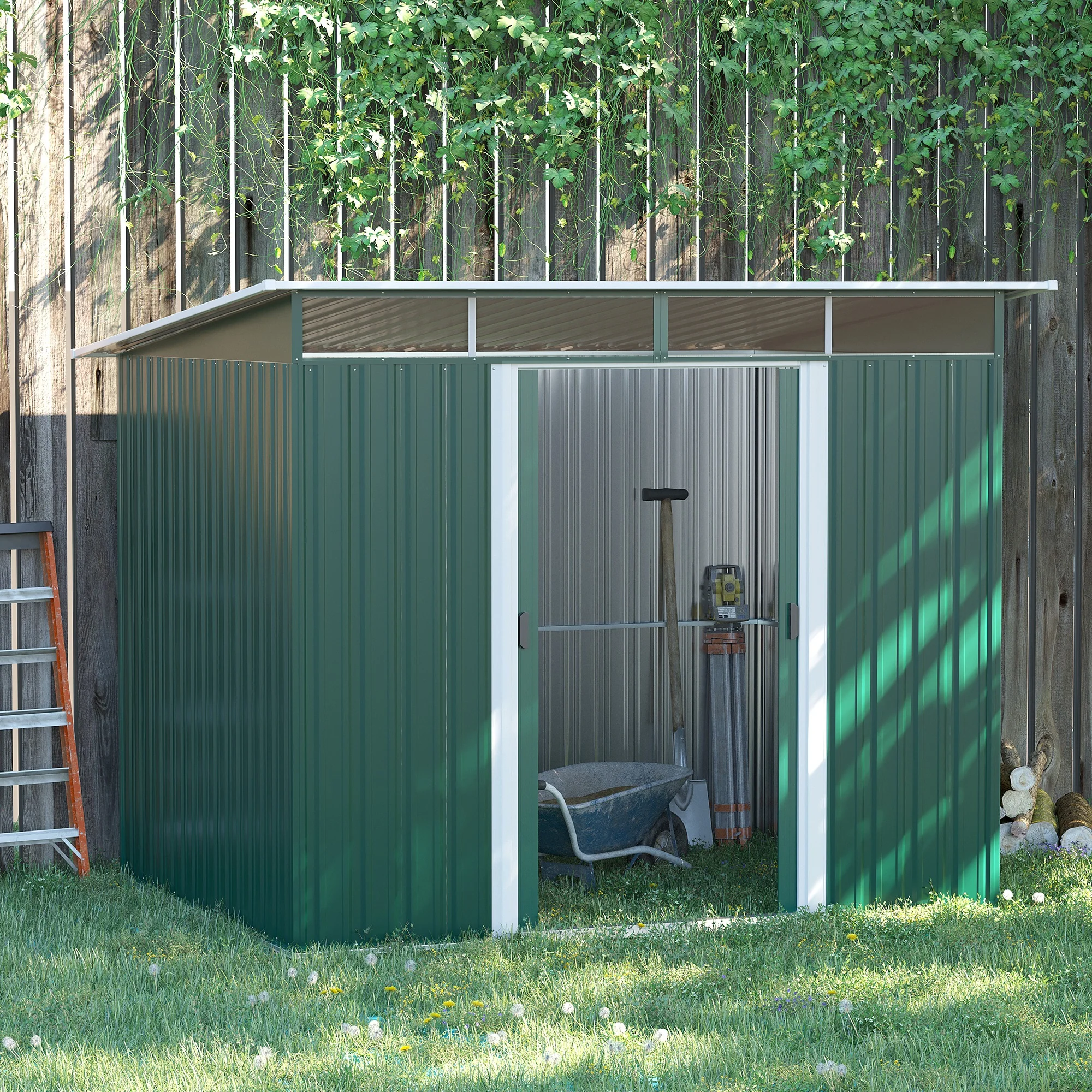 8.5' x 6' Metal Garden Shed with Skylight & Double Doors, Dark Green - Image 3