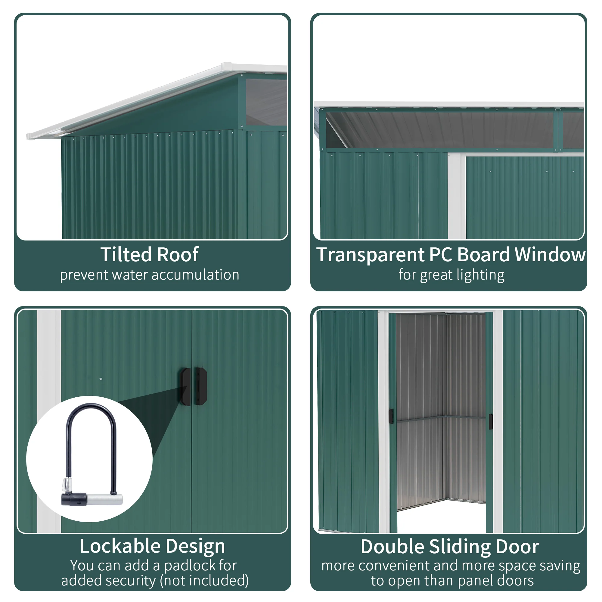 8.5' x 6' Metal Garden Shed with Skylight & Double Doors, Dark Green - Image 6