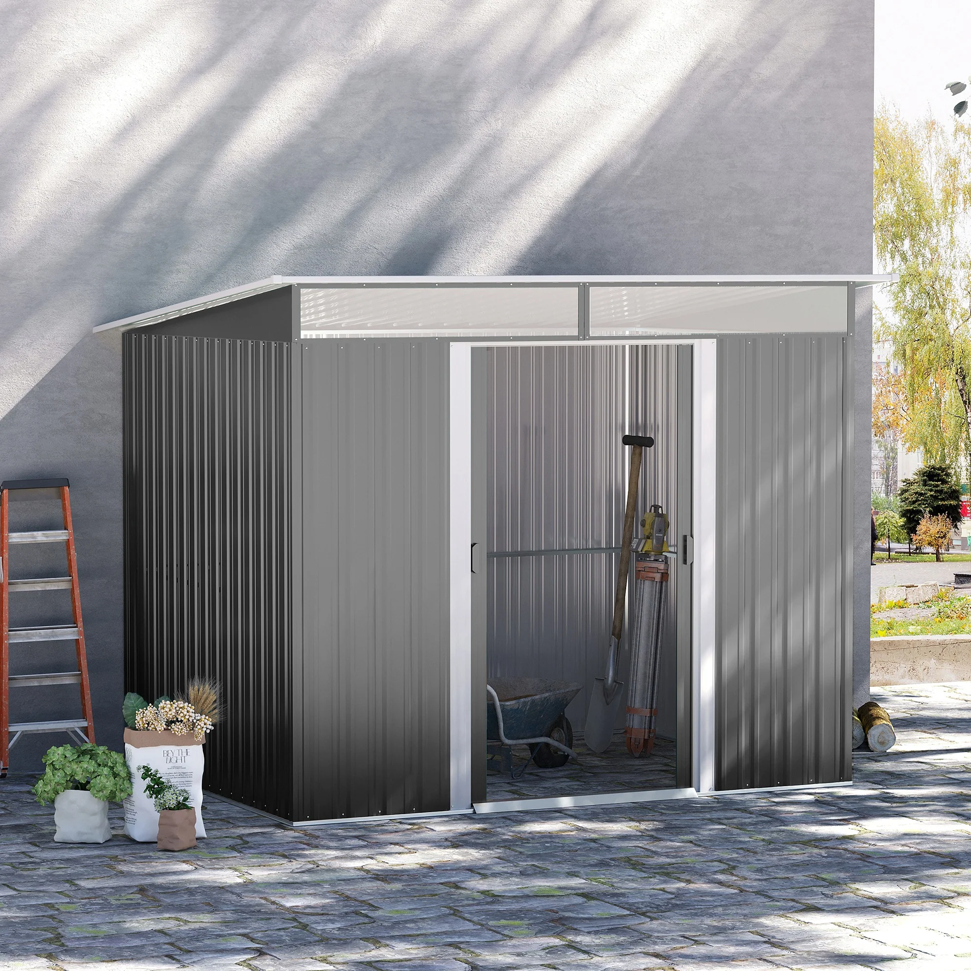 8.5' x 6' Metal Garden Shed with Skylight & Double Doors, Grey - Image 3