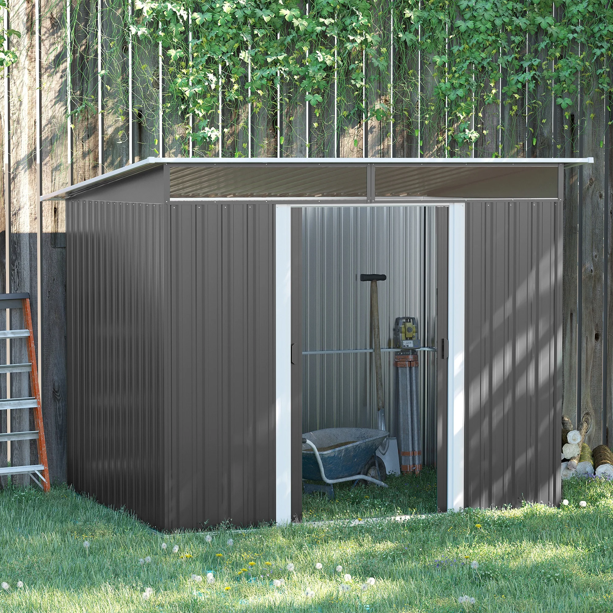 8.5' x 6' Metal Garden Shed with Skylight & Double Doors, Grey - Image 4