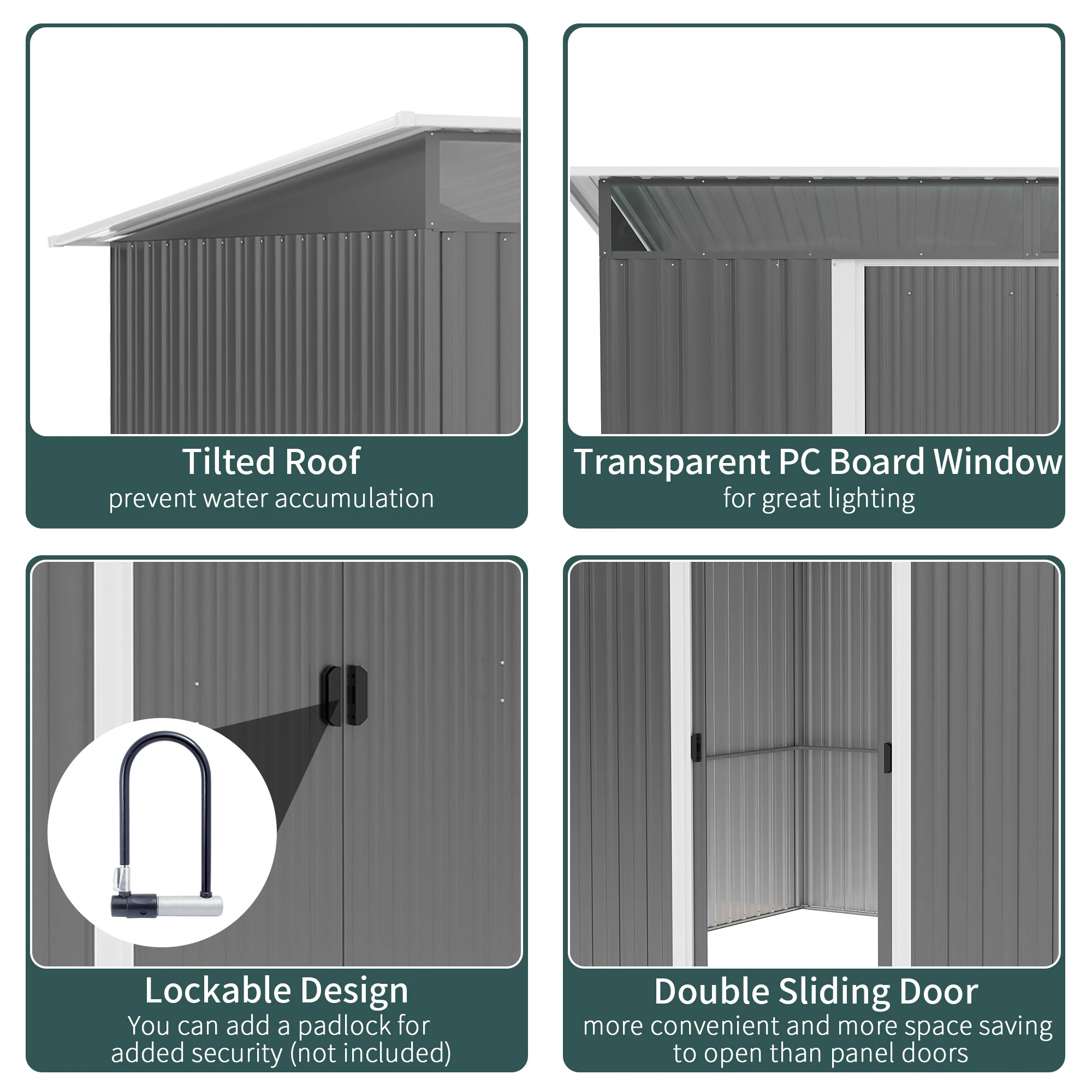8.5' x 6' Metal Garden Shed with Skylight & Double Doors, Grey - Image 6