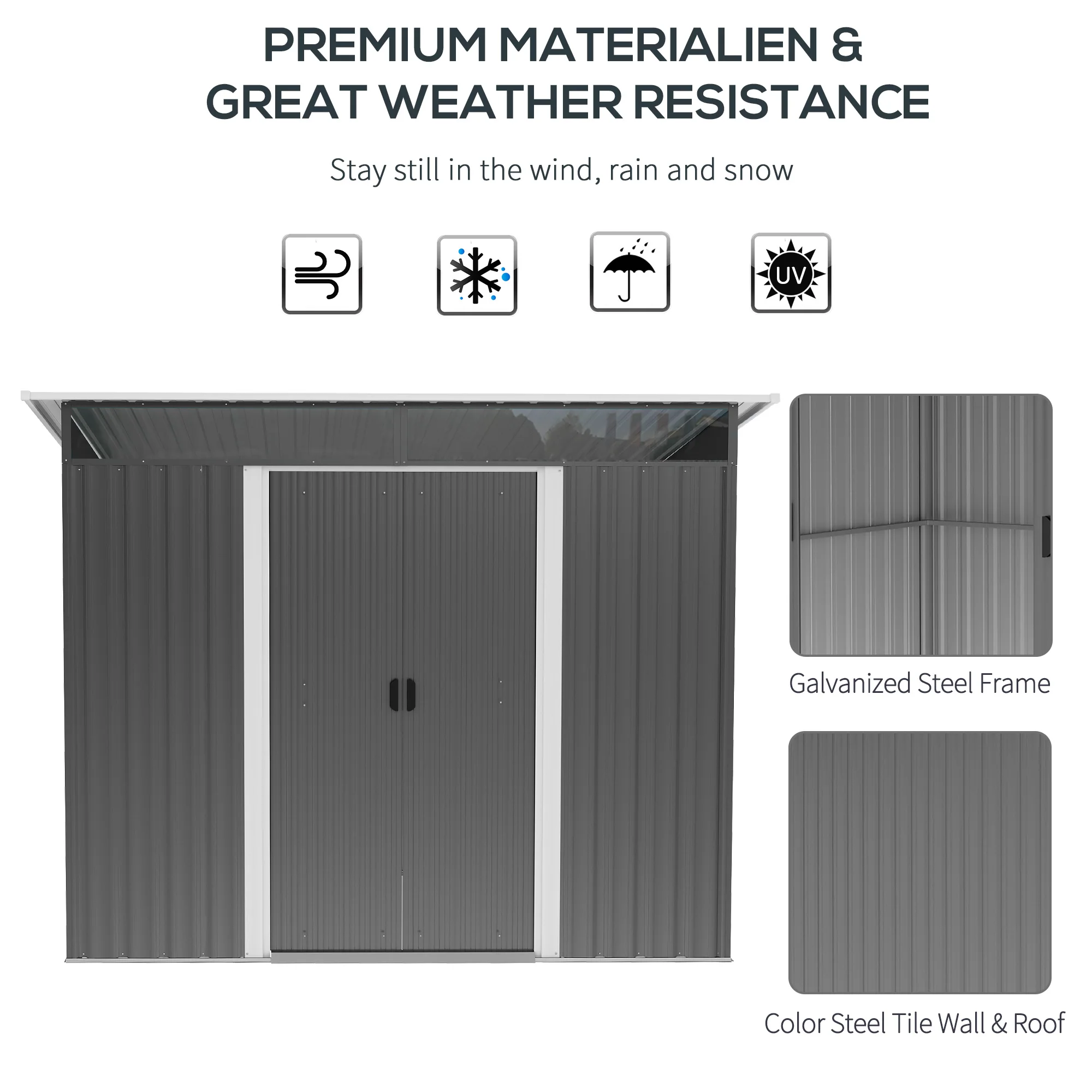 8.5' x 6' Metal Garden Shed with Skylight & Double Doors, Grey - Image 8