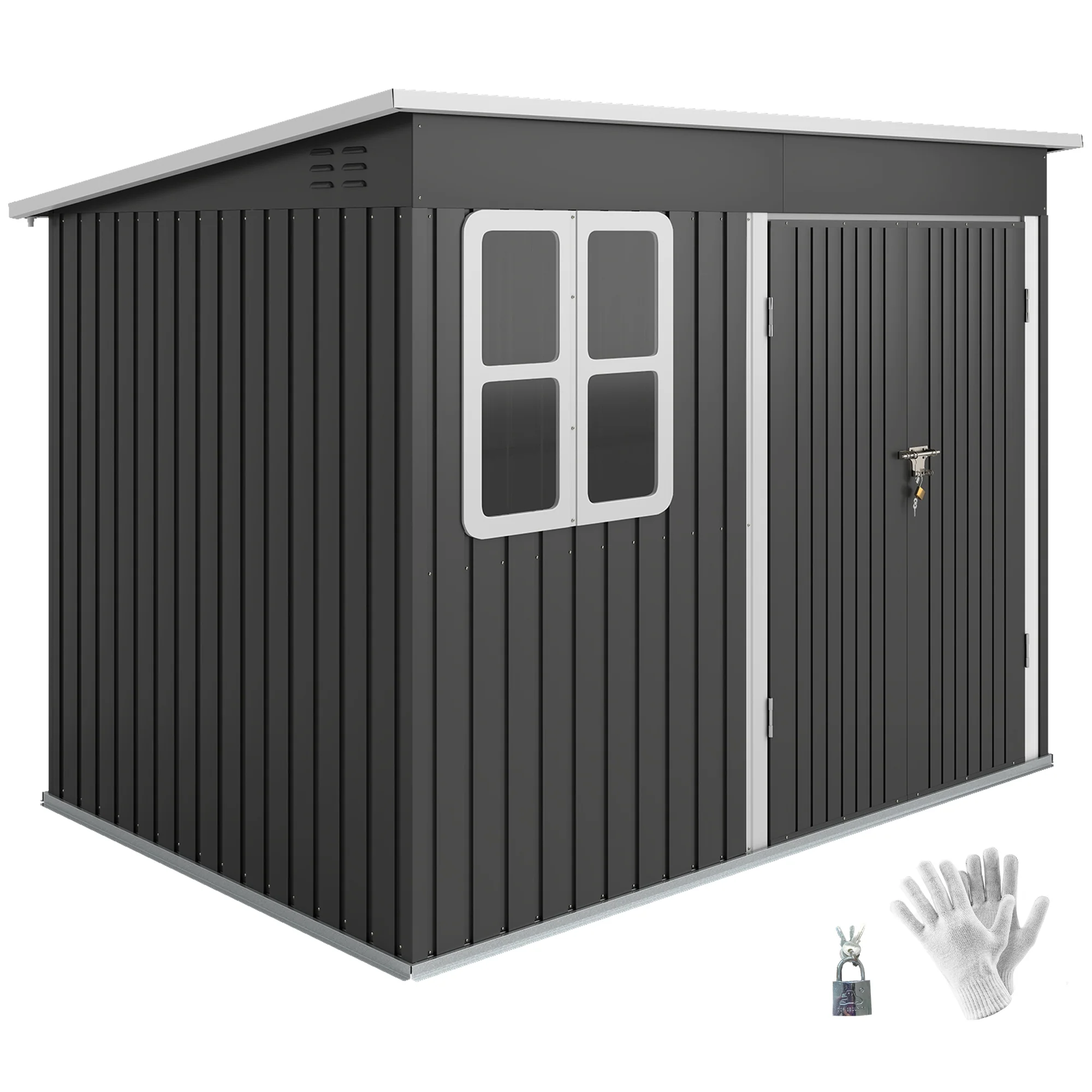 8.5' x 6' Galvanized Steel Outdoor Storage Shed with Window & Lockable Door, Dark Grey