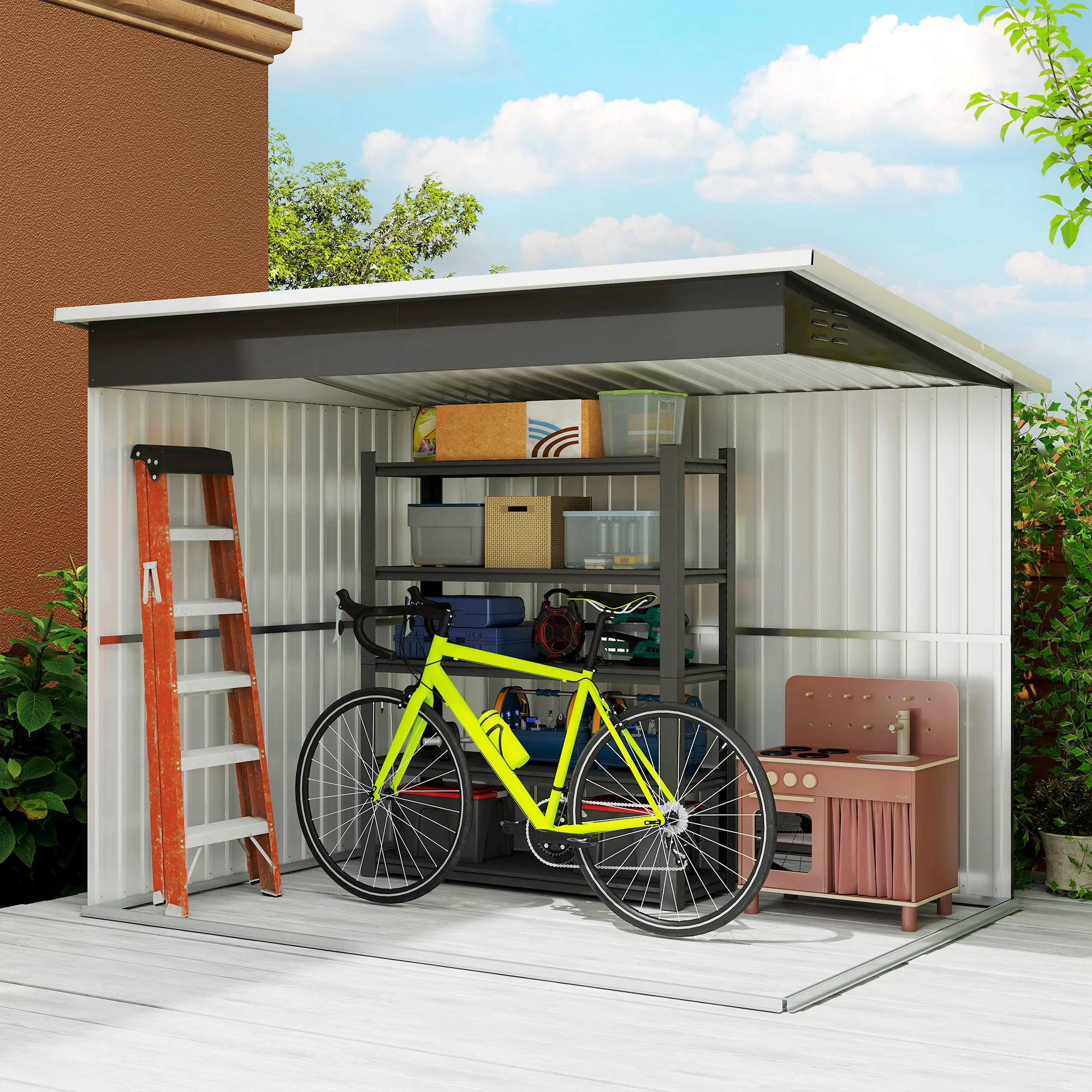 8.5' x 6' Galvanized Steel Outdoor Storage Shed with Window & Lockable Door, Dark Grey - Image 10