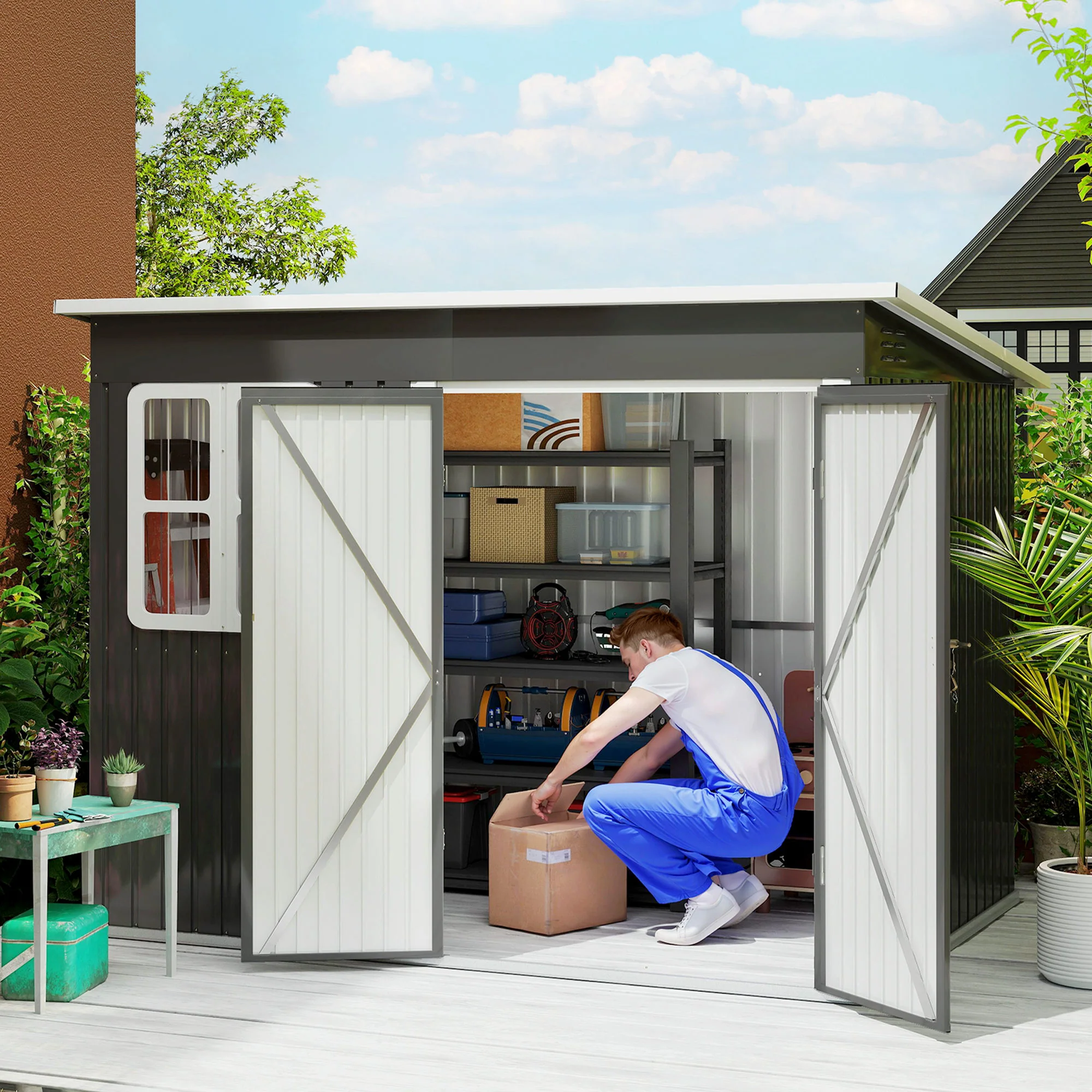 8.5' x 6' Galvanized Steel Outdoor Storage Shed with Window & Lockable Door, Dark Grey - Image 3
