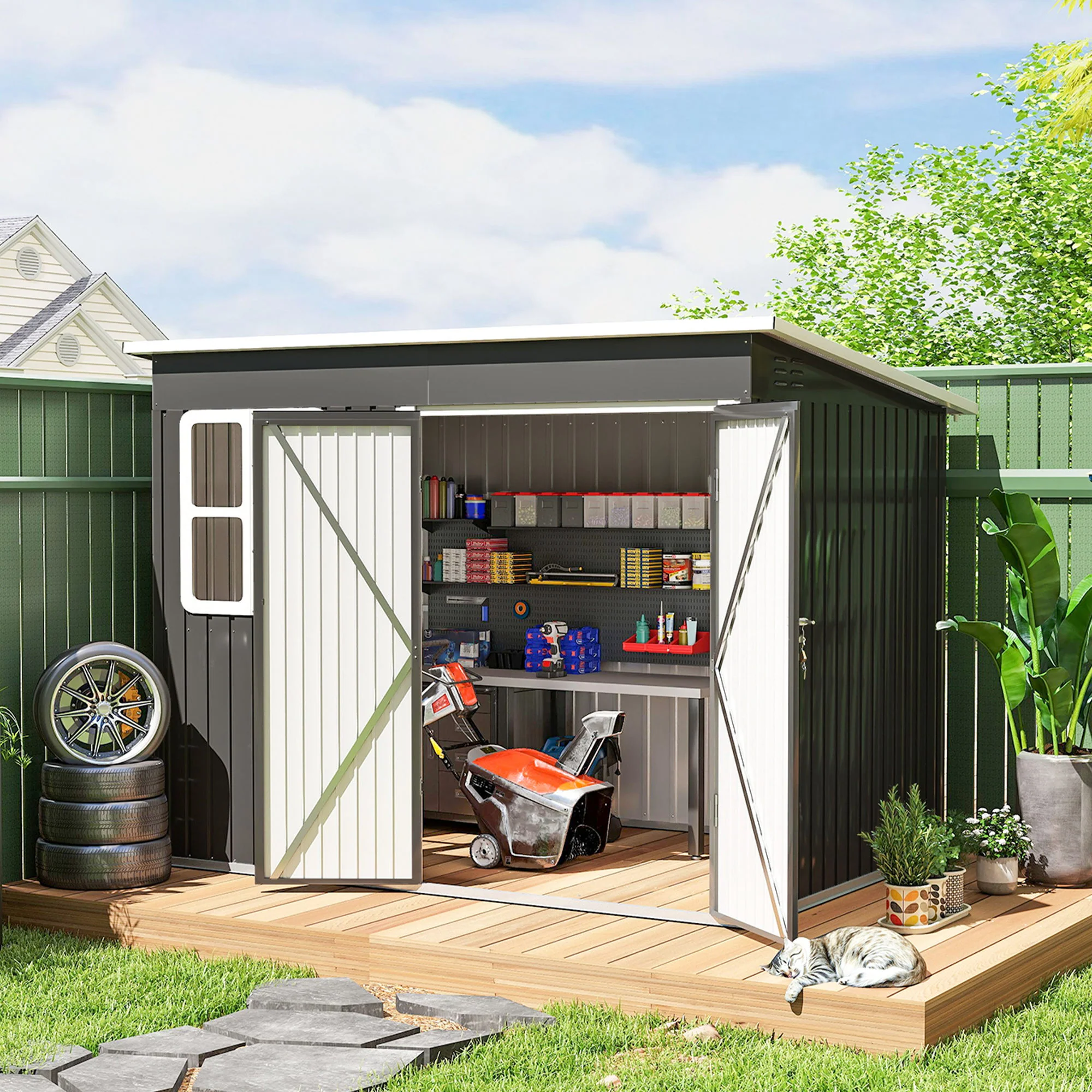 8.5' x 6' Galvanized Steel Outdoor Storage Shed with Window & Lockable Door, Dark Grey - Image 4