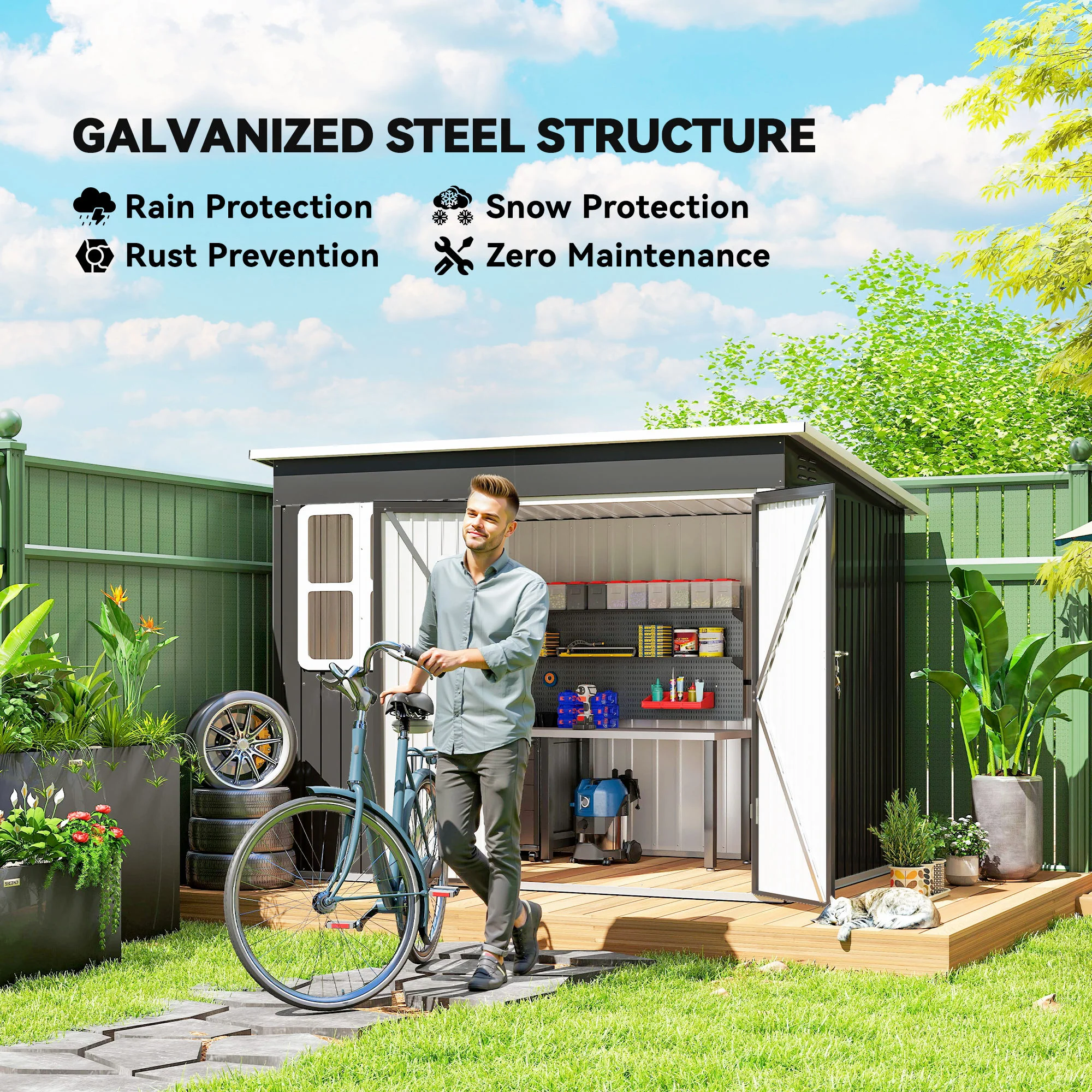 8.5' x 6' Galvanized Steel Outdoor Storage Shed with Window & Lockable Door, Dark Grey - Image 6