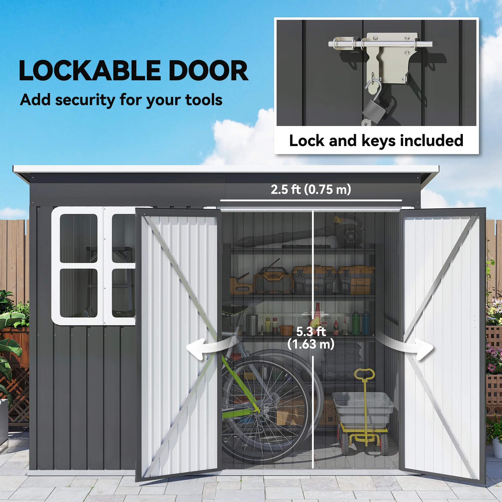 8.5' x 6' Galvanized Steel Outdoor Storage Shed with Window & Lockable Door, Dark Grey - Image 8