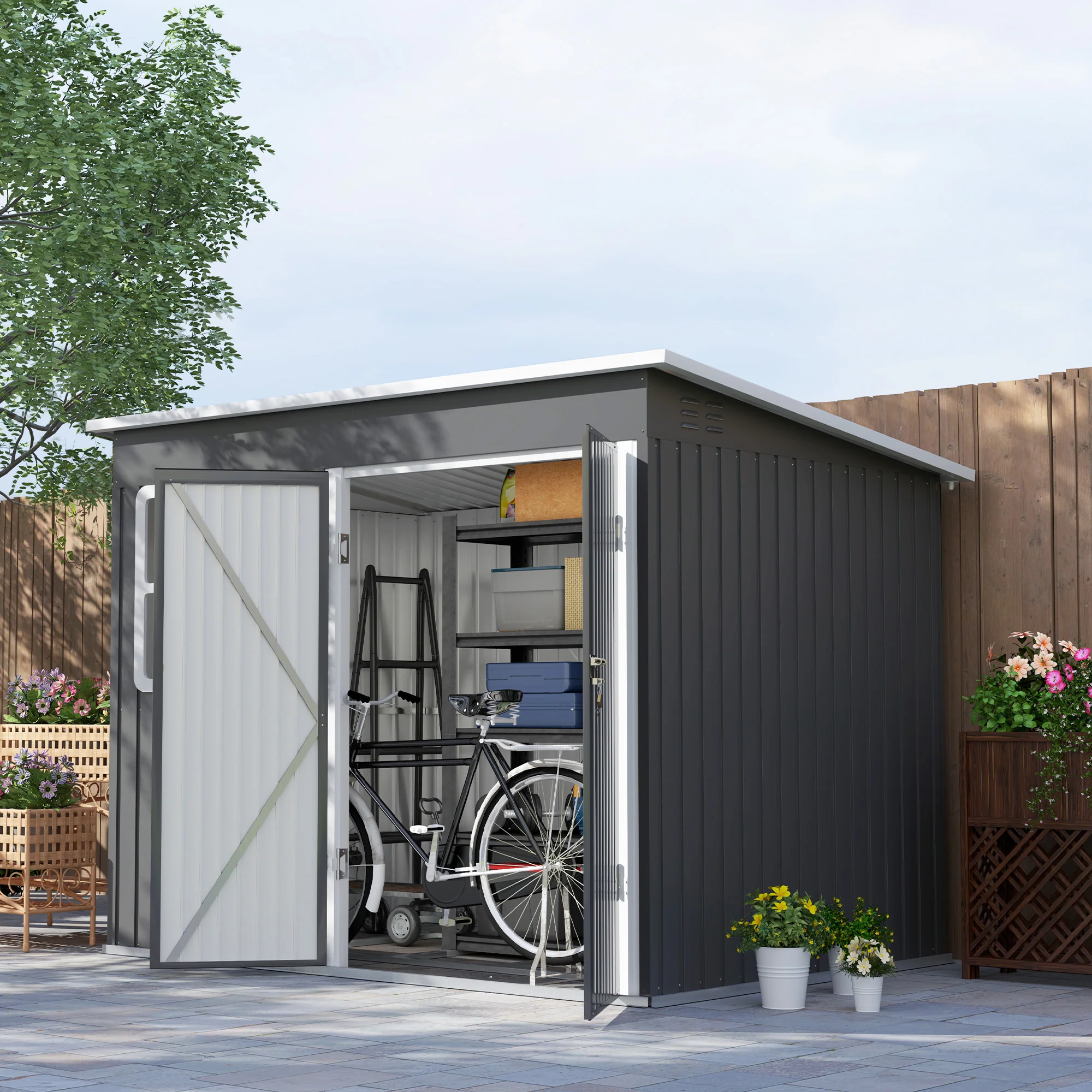 8.5 x 6ft Galvanised Steel Garden Shed with Foundation Kit, Window, Lockable Wide Doors and Air Vents, Dark Grey - Image 3
